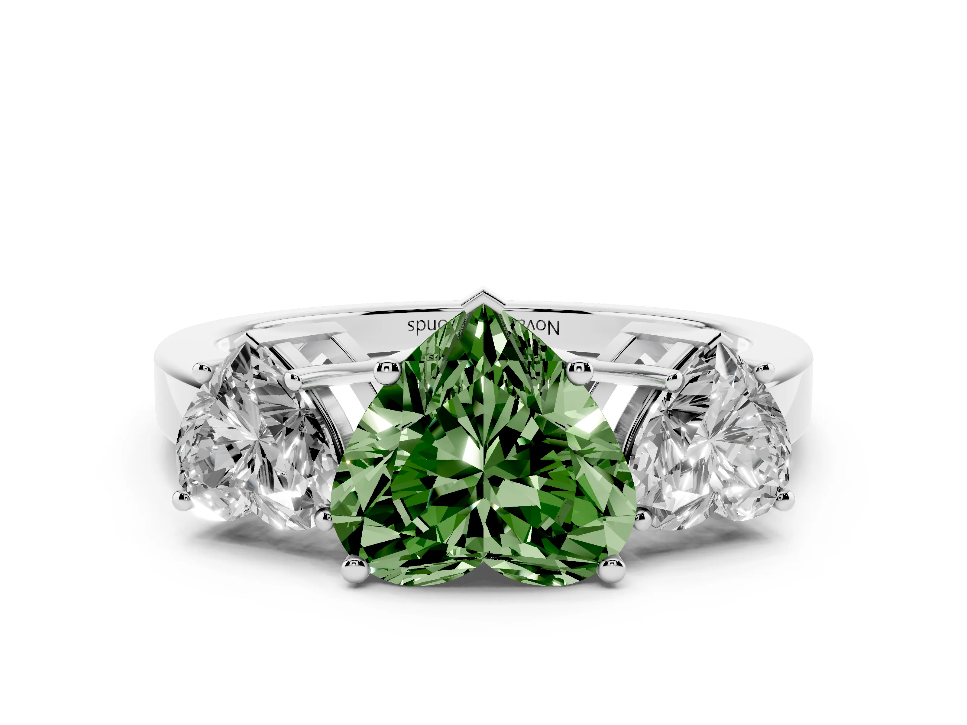 Fancy Green Heart Cut Diamond Three-Stone Engagement Ring Set in Platinum with Flat Band