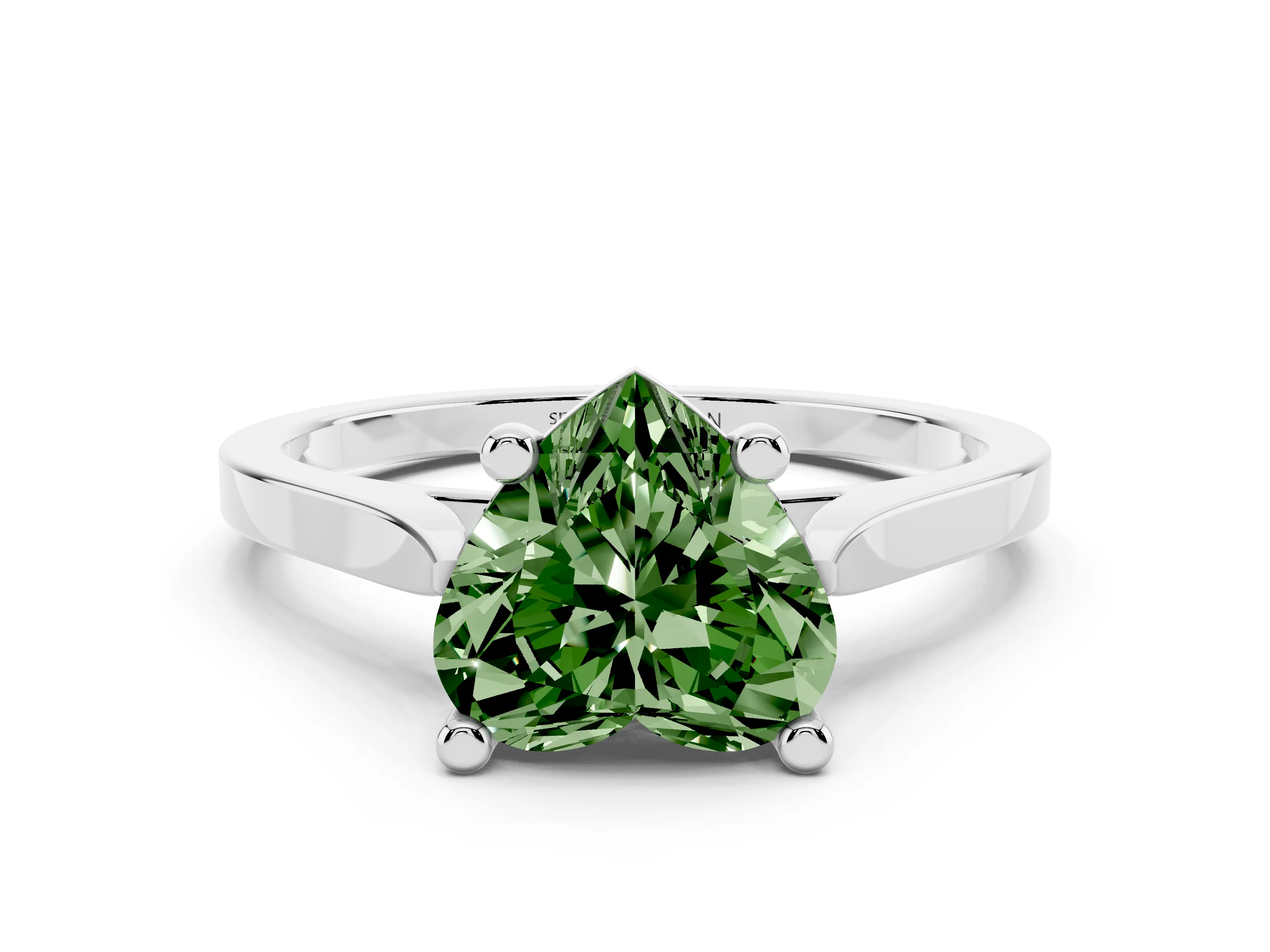 Fancy Green Heart Cut Diamond Solitaire Ring Set in Platinum with Prong Setting and Tapered Band