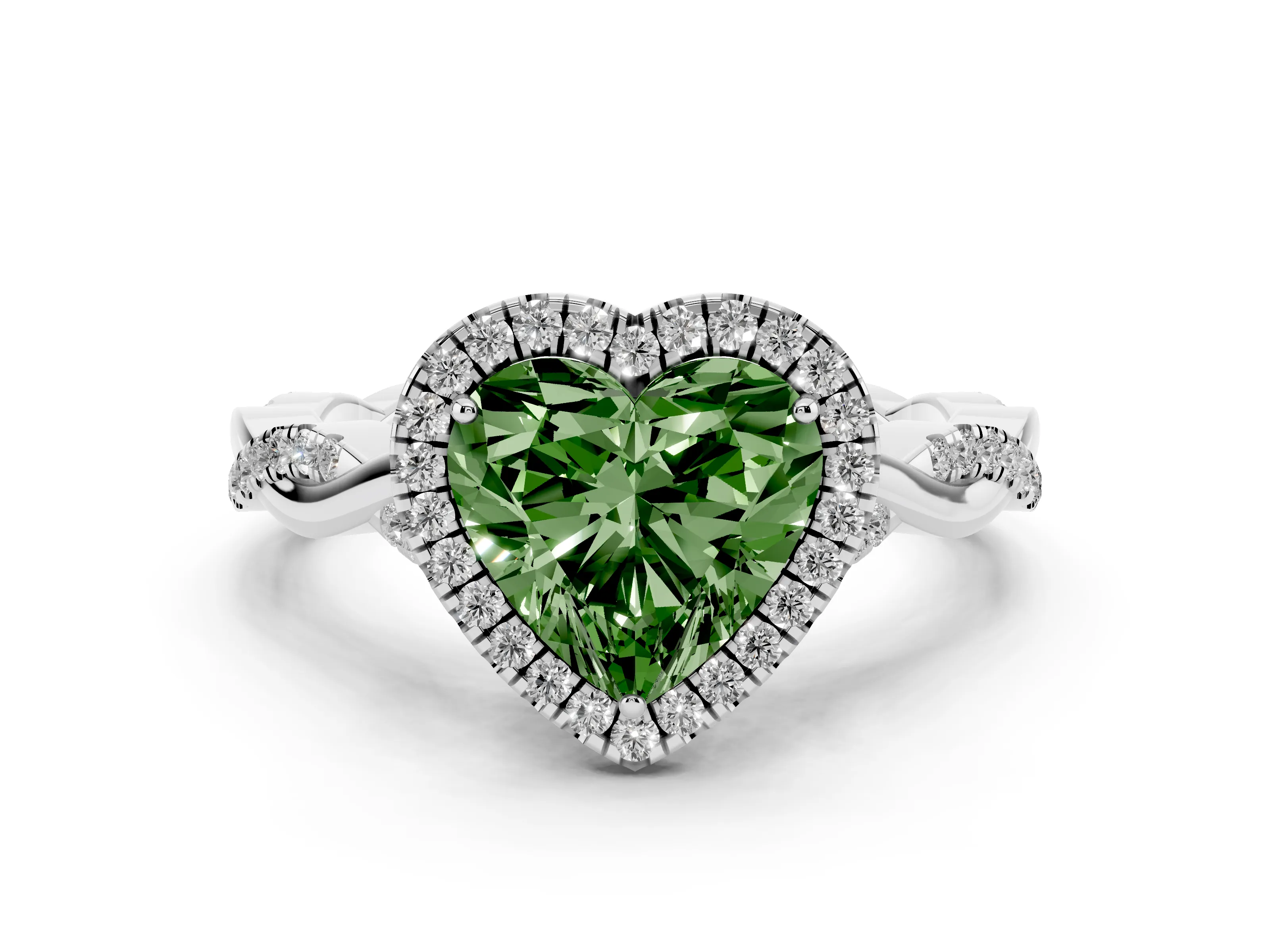 Fancy Green Heart Cut Diamond Halo Twist Band Solitaire Ring Set in White gold with Prong Setting
