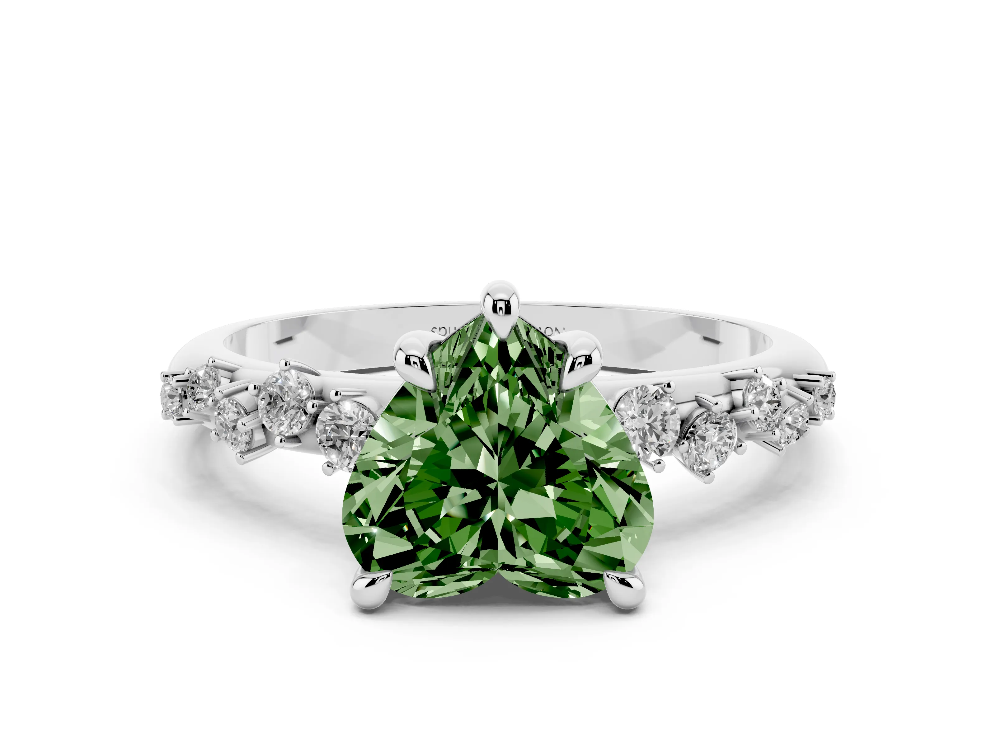 Fancy Green Heart Cut Diamond Solitaire Vine Band Ring Set in Silver with Round Accents and Prong Setting