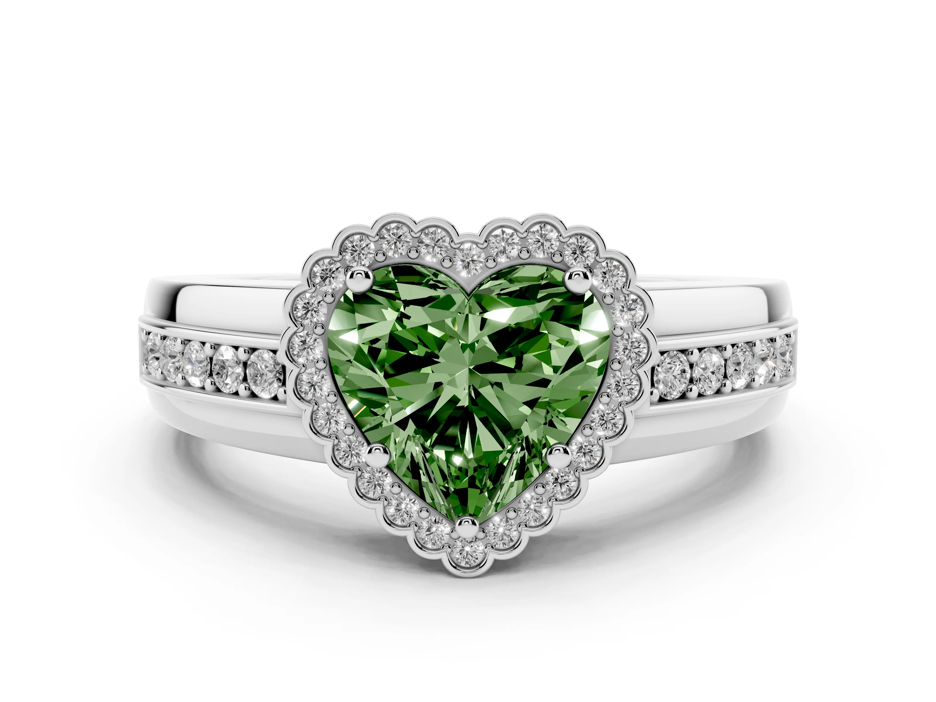 Fancy Green Heart Cut Diamond Halo Prong Ring Set in Platinum with Pavé Band