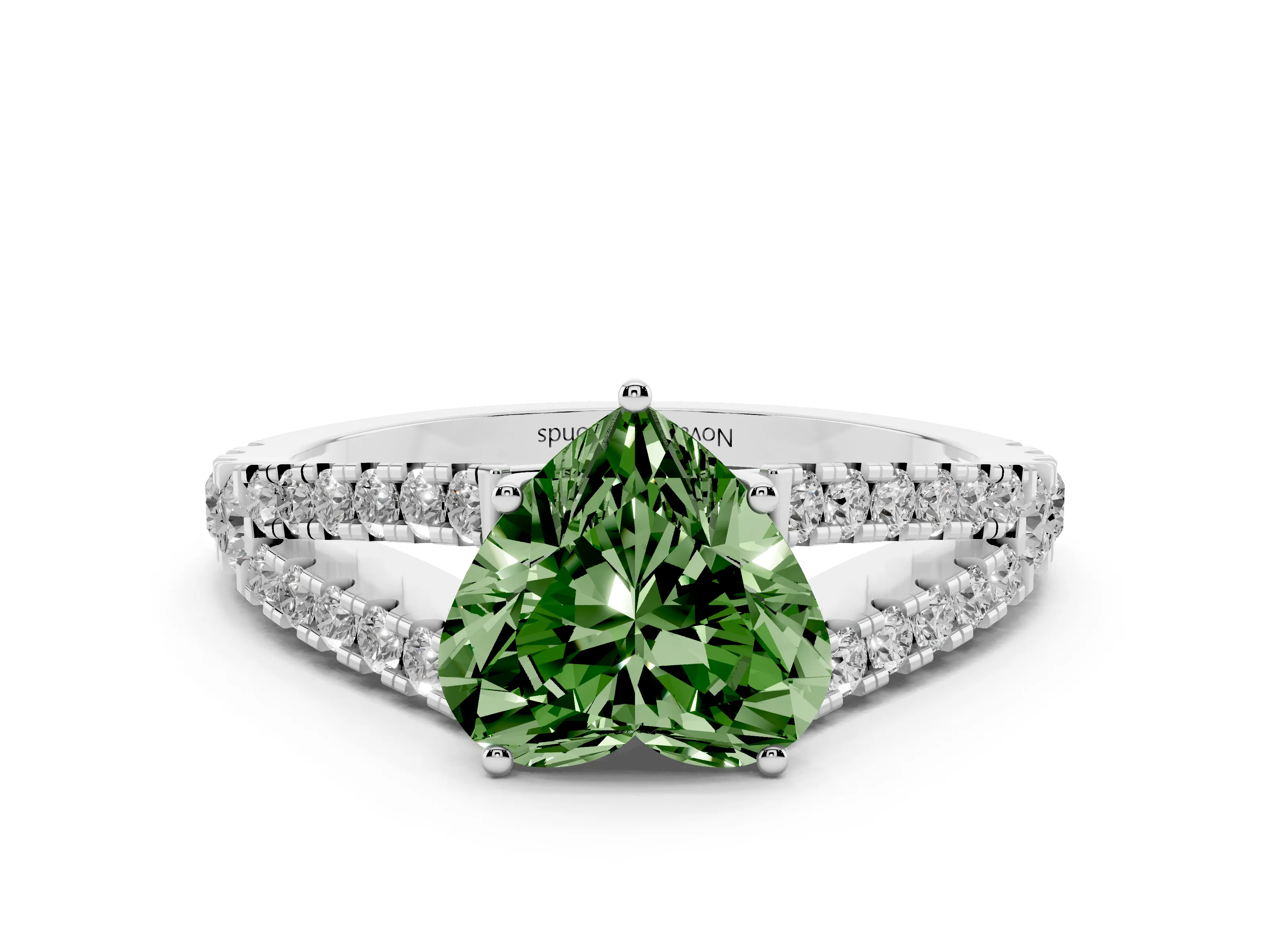Fancy Green Heart Cut Diamond Split Shank Pavé Engagement Ring Set in Platinum with Prong-Held Center Stone