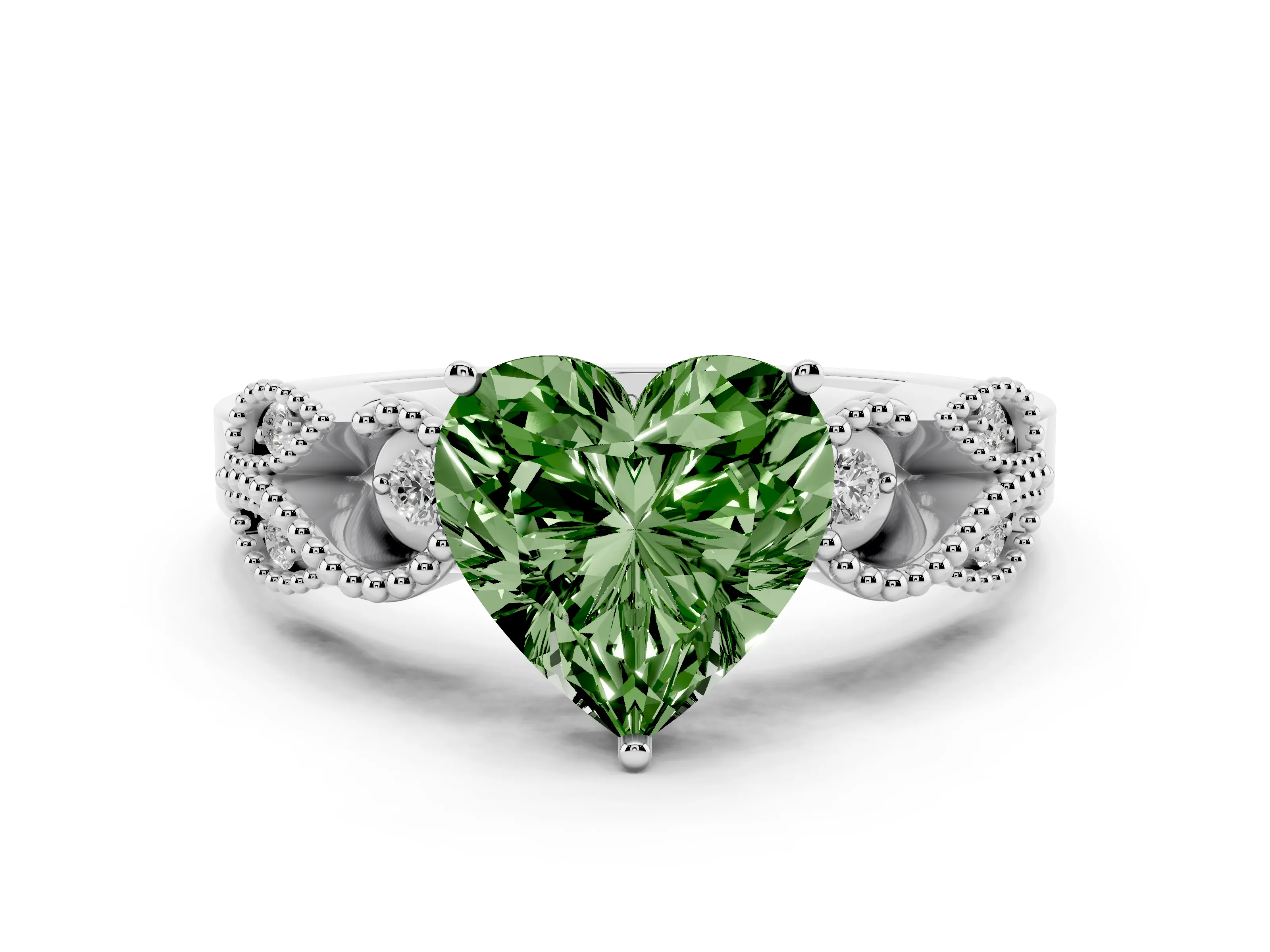Fancy Green Heart Cut Diamond Milgrain Leaf Band Solitaire Ring Set in White gold with Accent Stones and Prong Setting