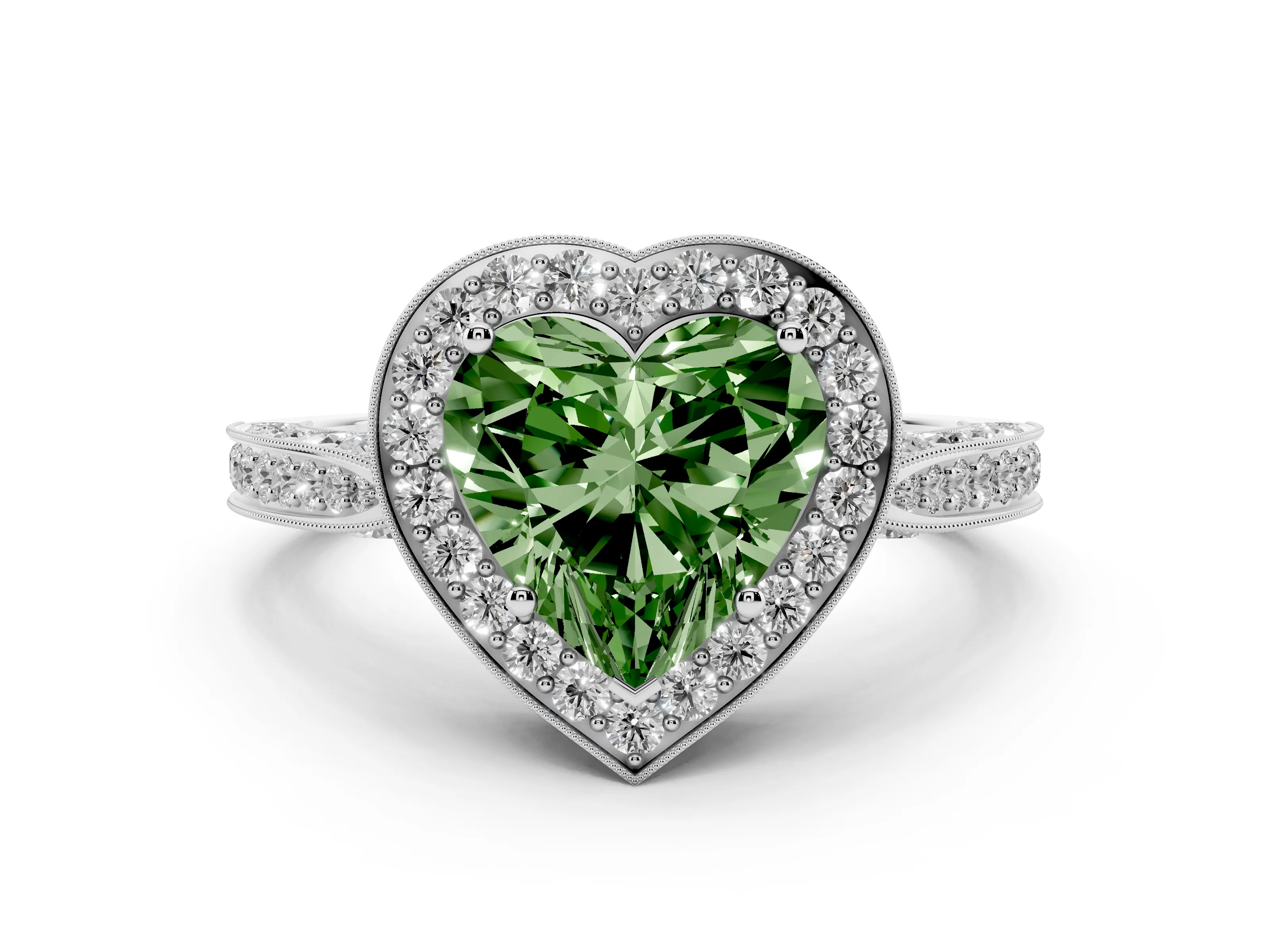 Fancy Green Heart Cut Diamond Halo Engagement Ring Set in White gold with Accent Split Shank Band