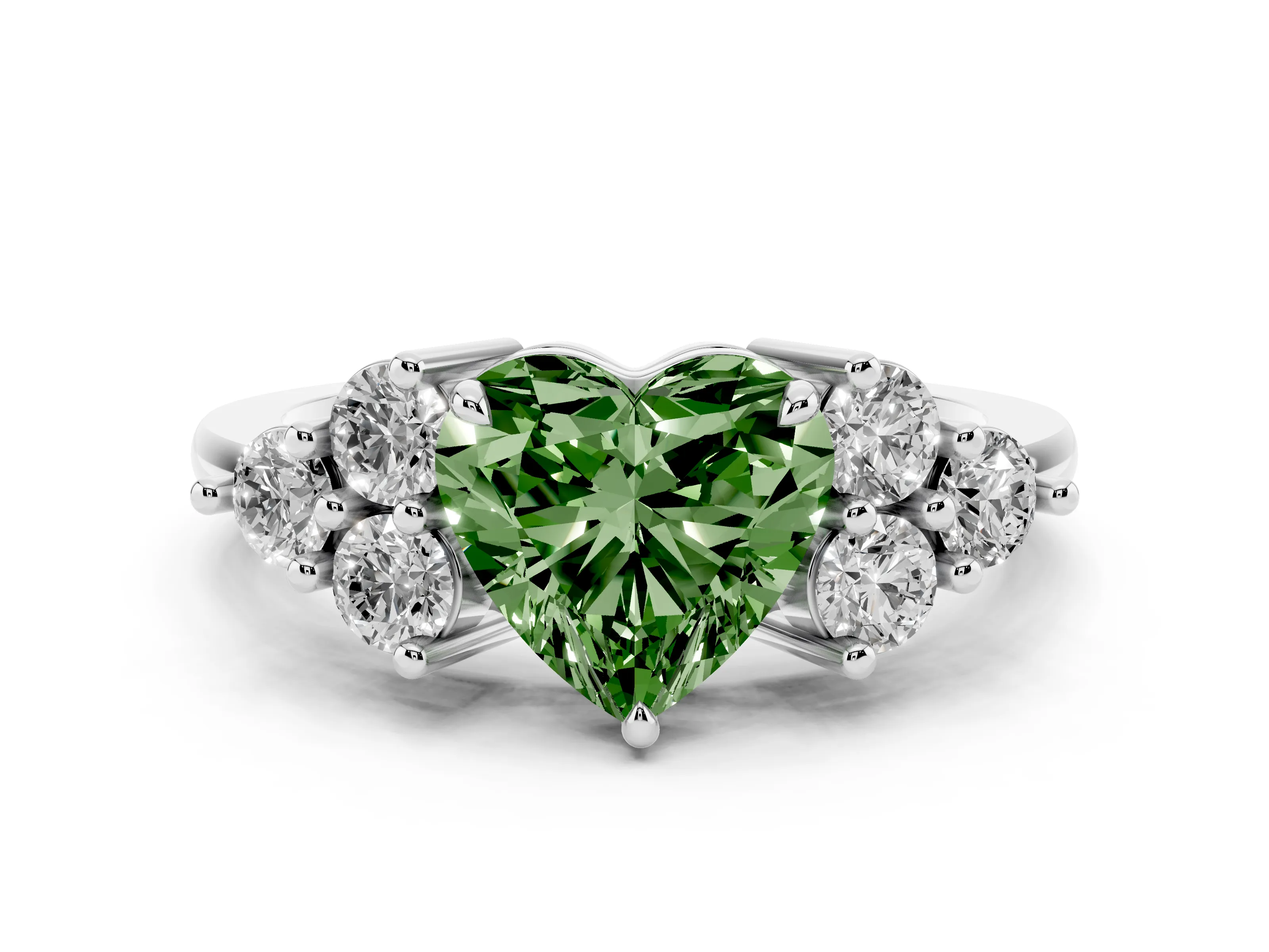 Fancy Green Heart Cut Diamond Solitaire Ring Set in Platinum with Cluster Accents on Each Side