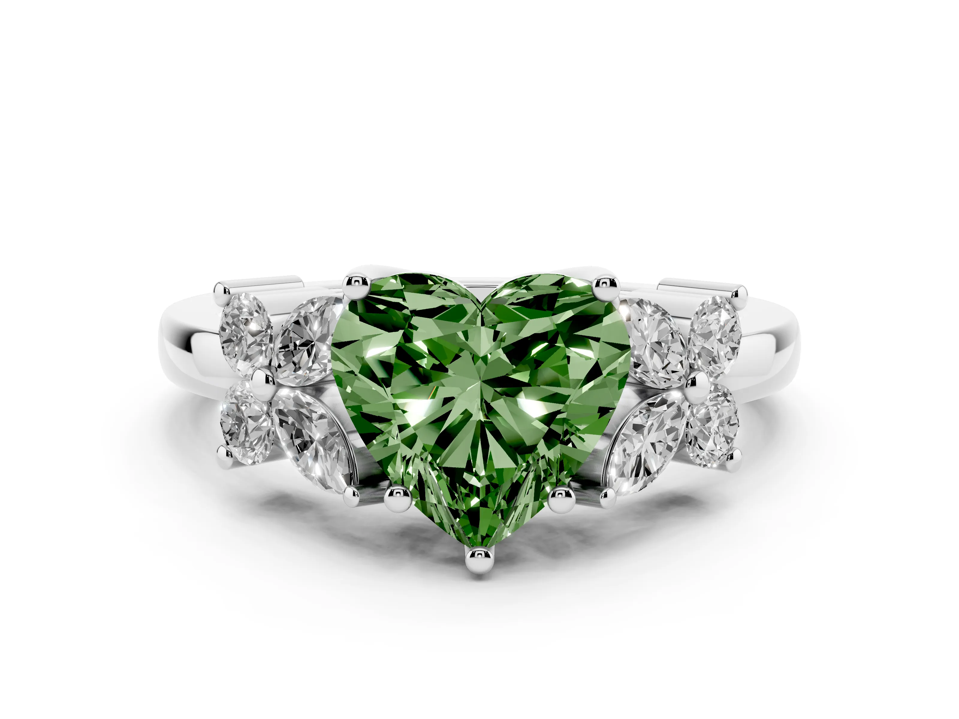 Fancy Green Heart Cut Diamond Floral Cluster Ring Set in Platinum with Marquise Petals and Prong Setting