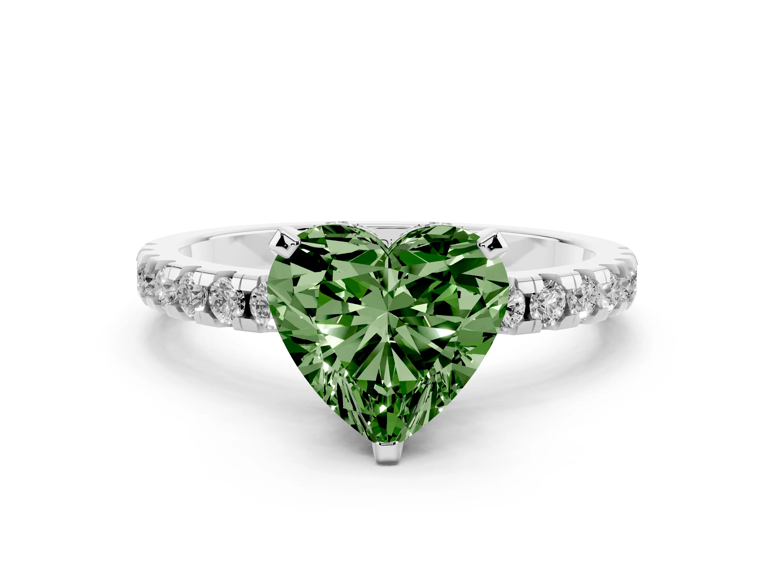 Fancy Green Heart Cut Diamond Pavé Solitaire Ring Set in Platinum with Round Band Accents and Prong Setting