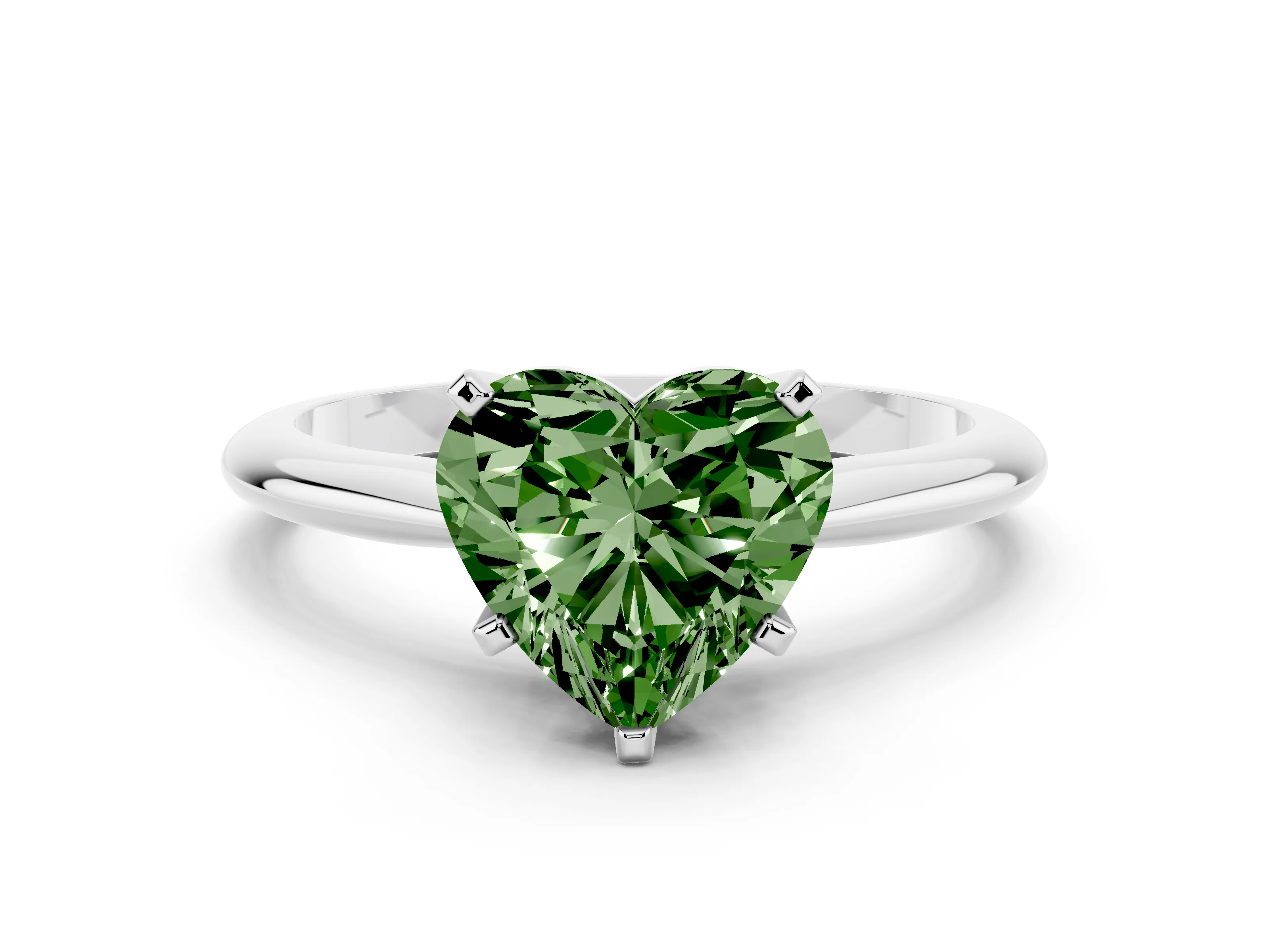 Fancy Green Heart Cut Diamond Solitaire Ring Set in Silver with Prong Setting on a Plain Round Band