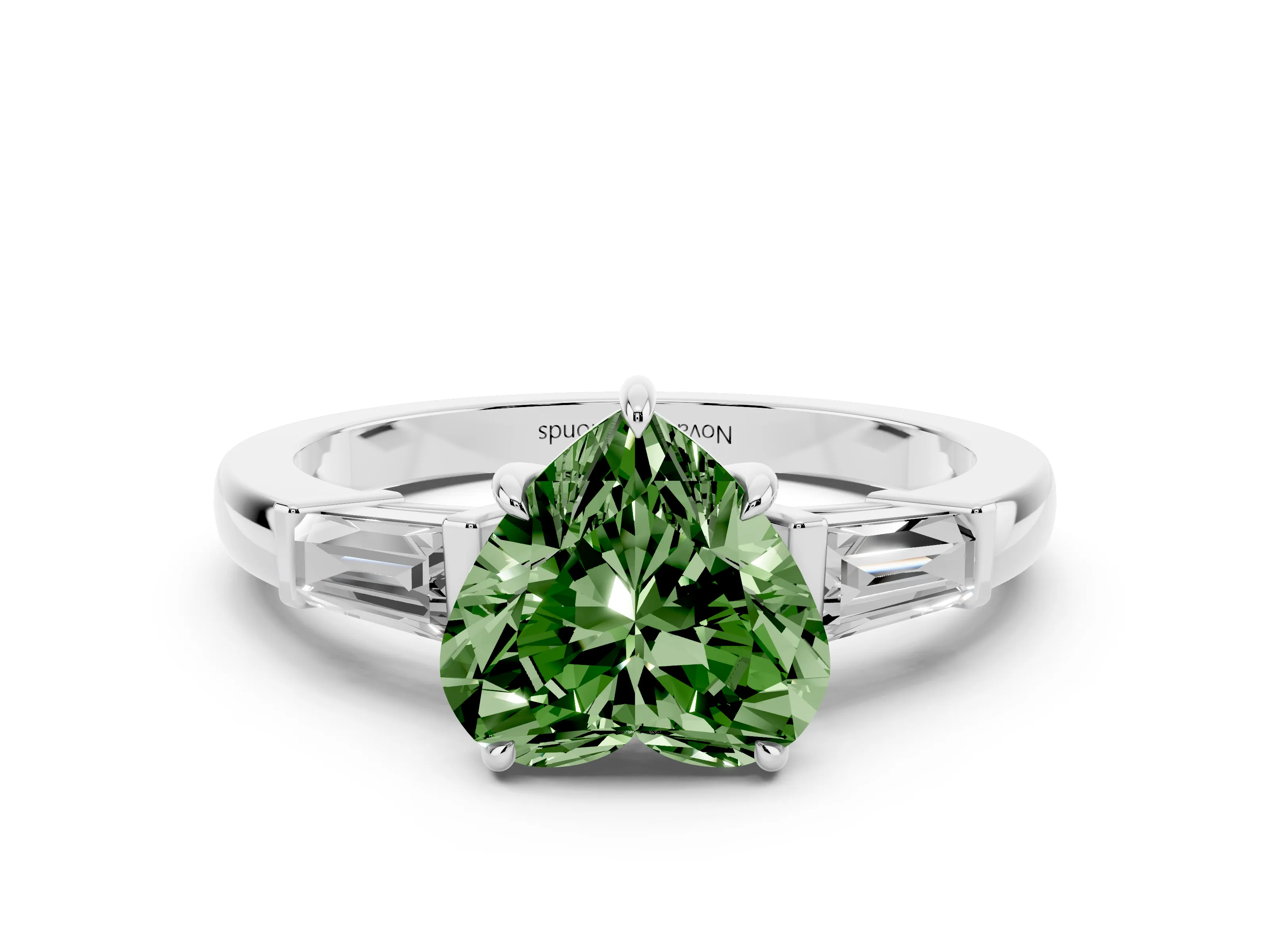 Fancy Green Heart Cut Diamond Three-Stone Ring Set in Platinum with Tapered Baguette Side Stones and Prong Setting