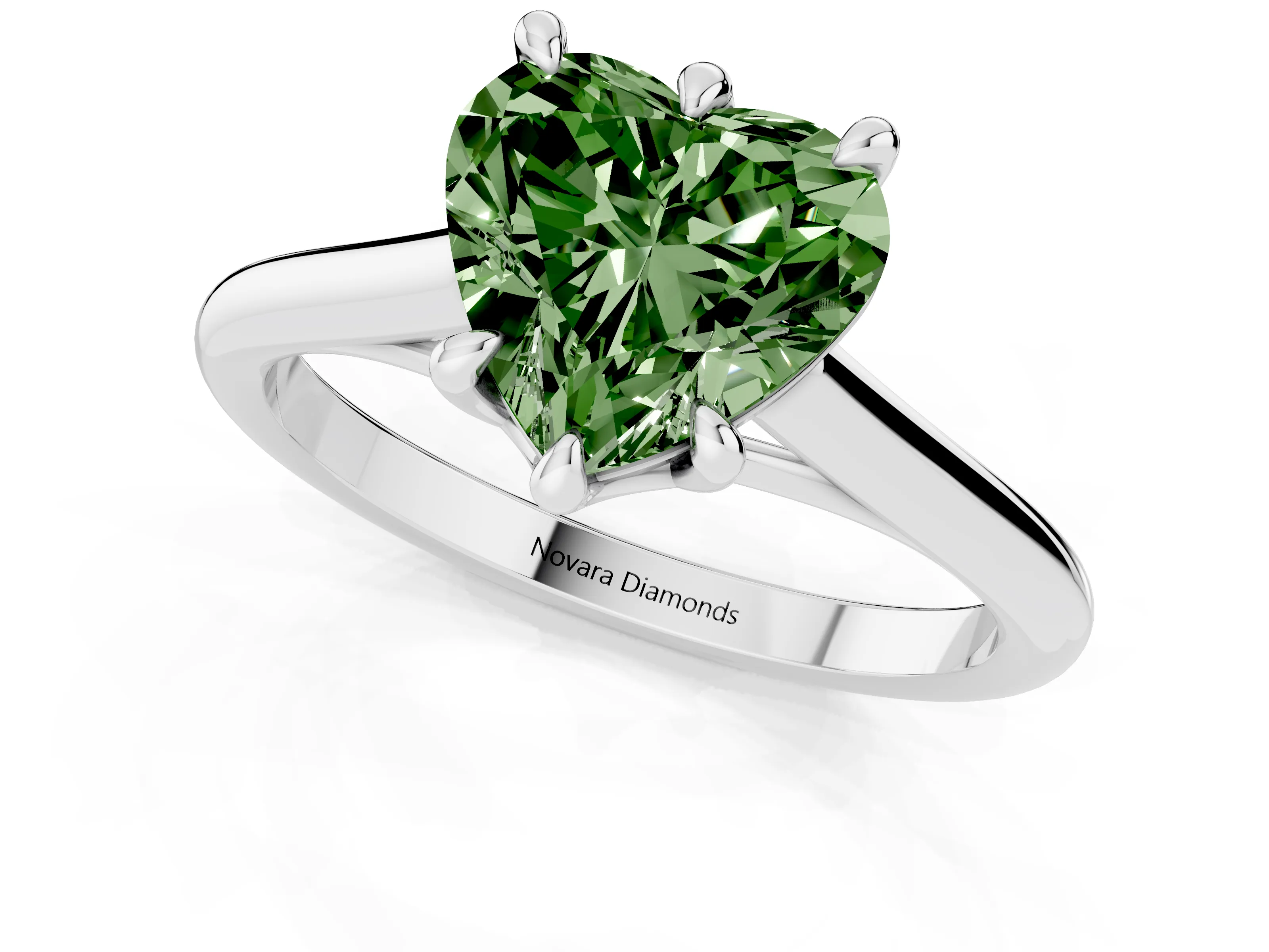 Fancy Green Heart Cut Diamond Solitaire Engagement Ring Set in Silver with Prong Setting and Plain Classic Band