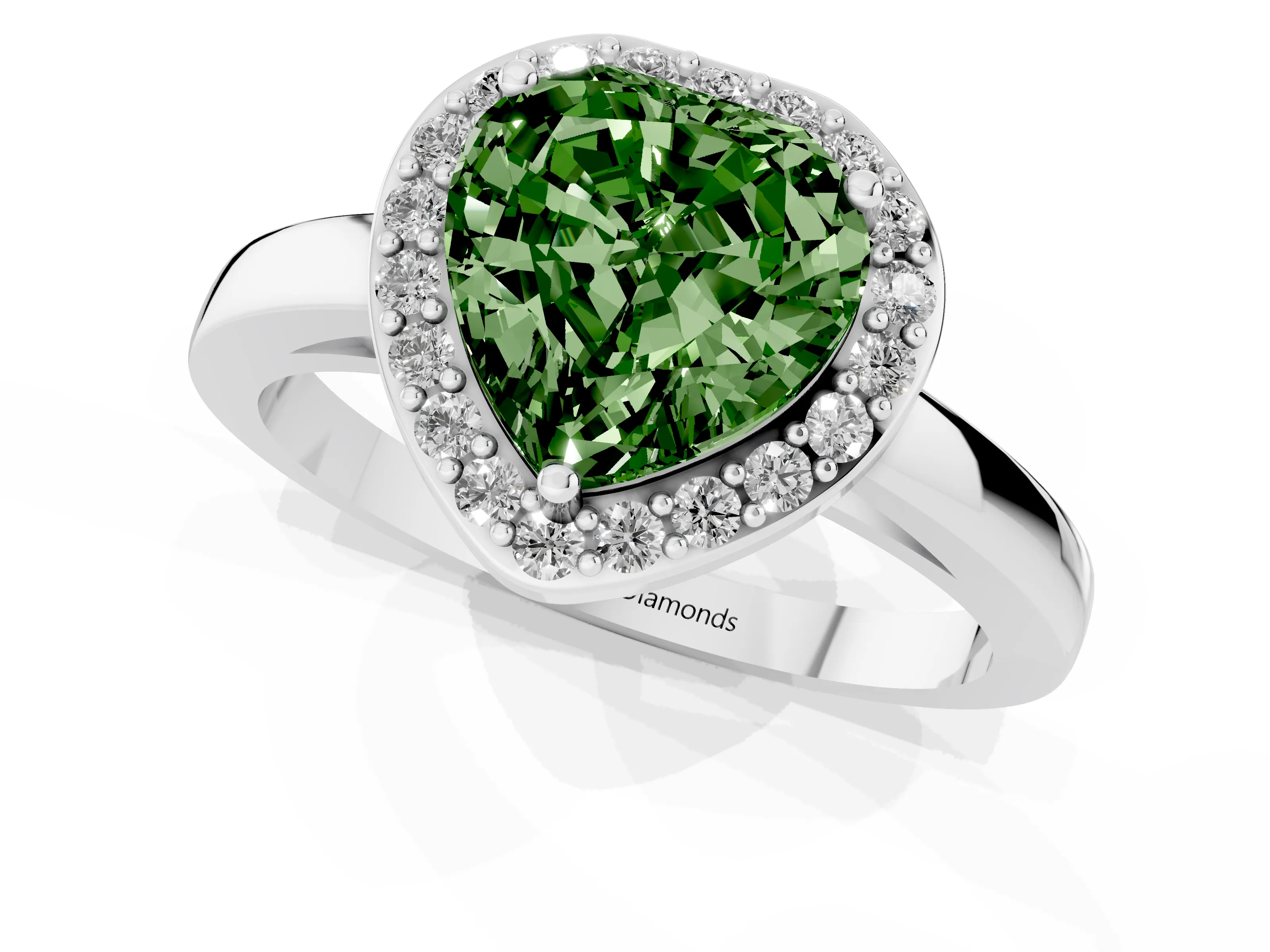 Fancy Green Heart Cut Diamond Halo Ring Set in Silver with Solitaire Band and Prong Setting