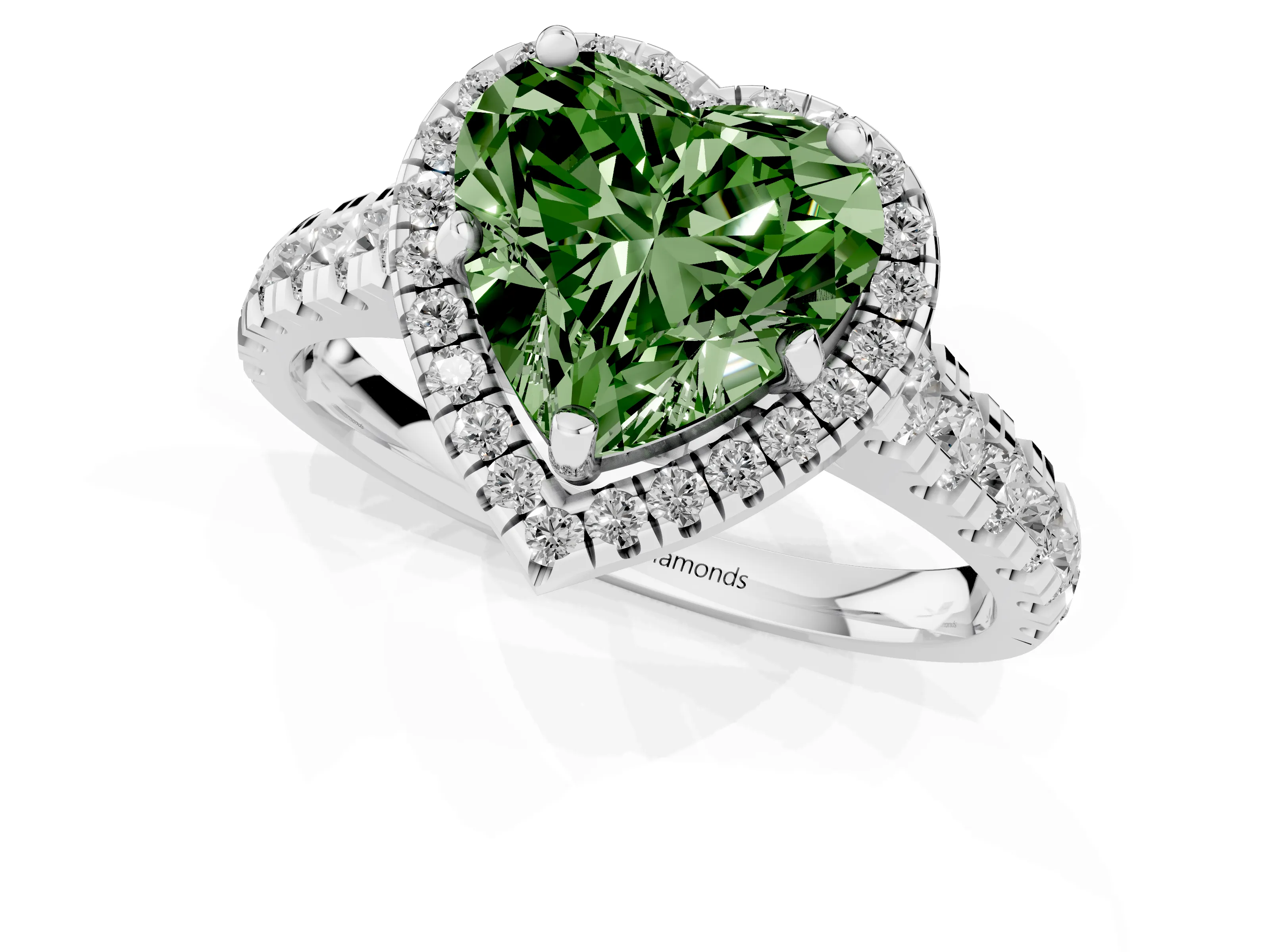 Fancy Green Heart Cut Diamond Halo Engagement Ring Set in Platinum with Pavé Band and Prong-Set Center