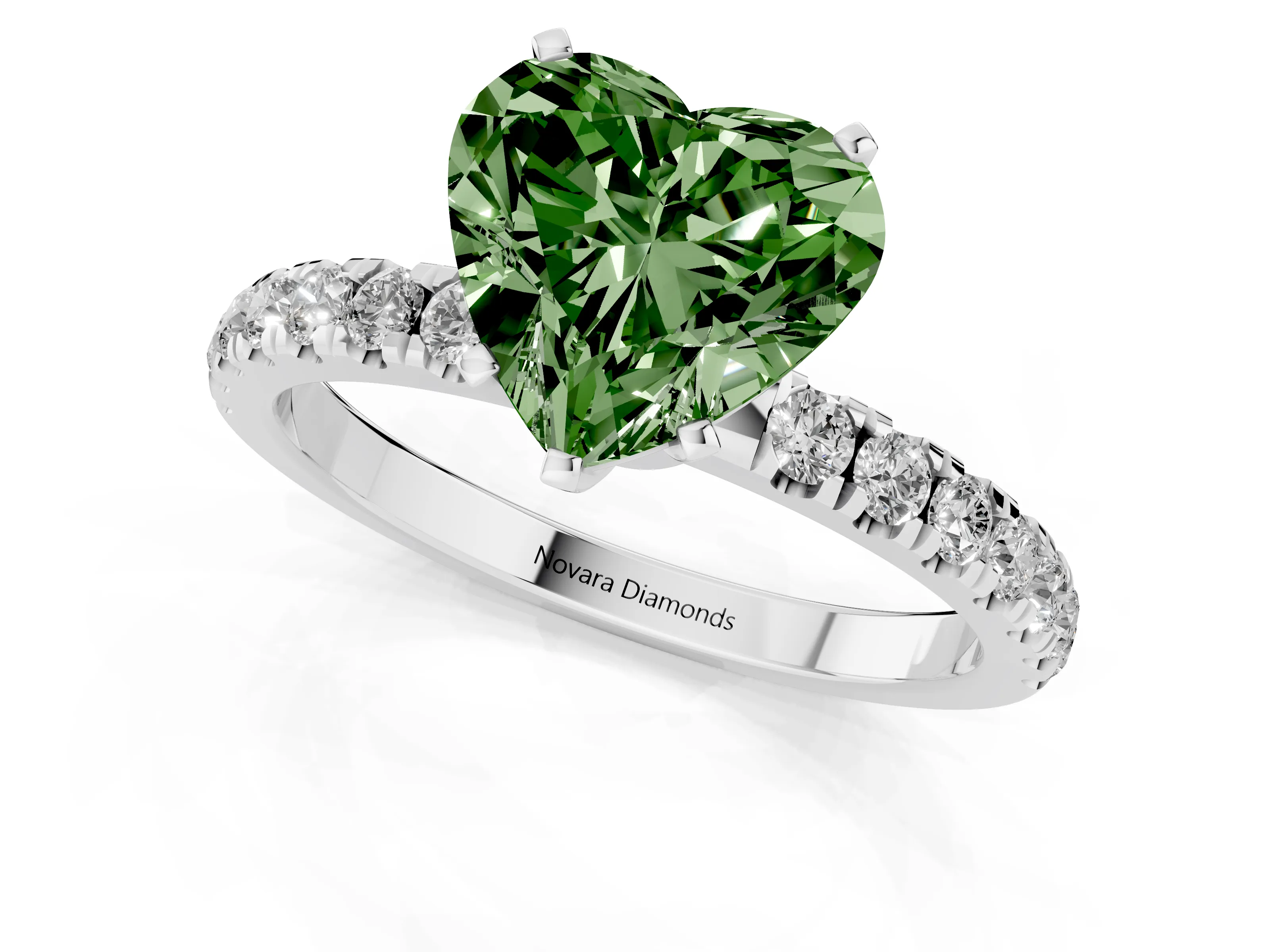 Fancy Green Heart Cut Diamond Solitaire Ring Set in Silver with Pavé Accents and Prong Setting