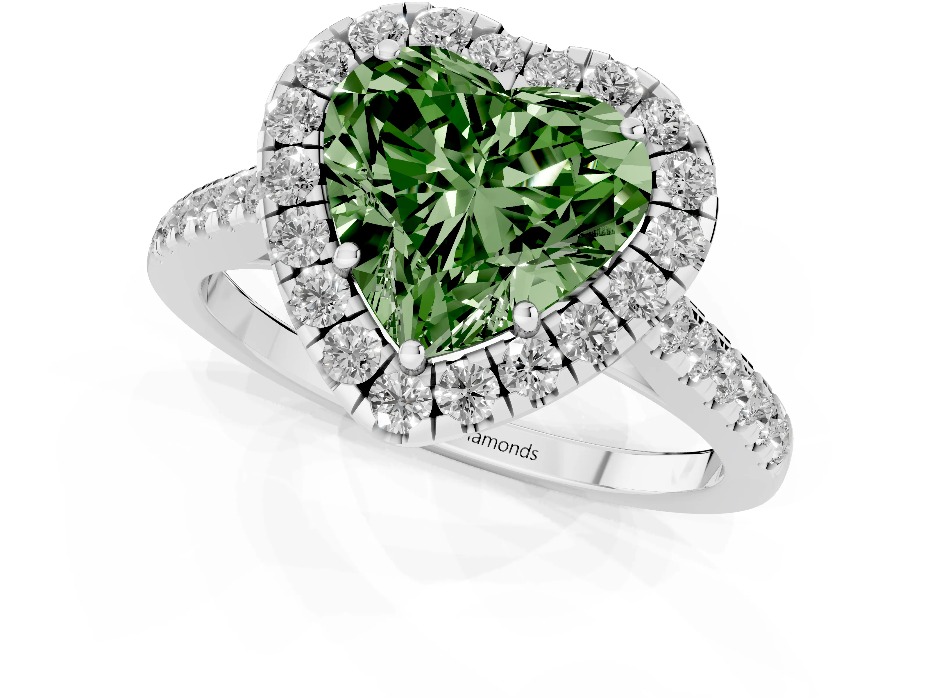 Fancy Green Heart Cut Diamond Halo Pavé Engagement Ring Set in Silver with Prong Setting