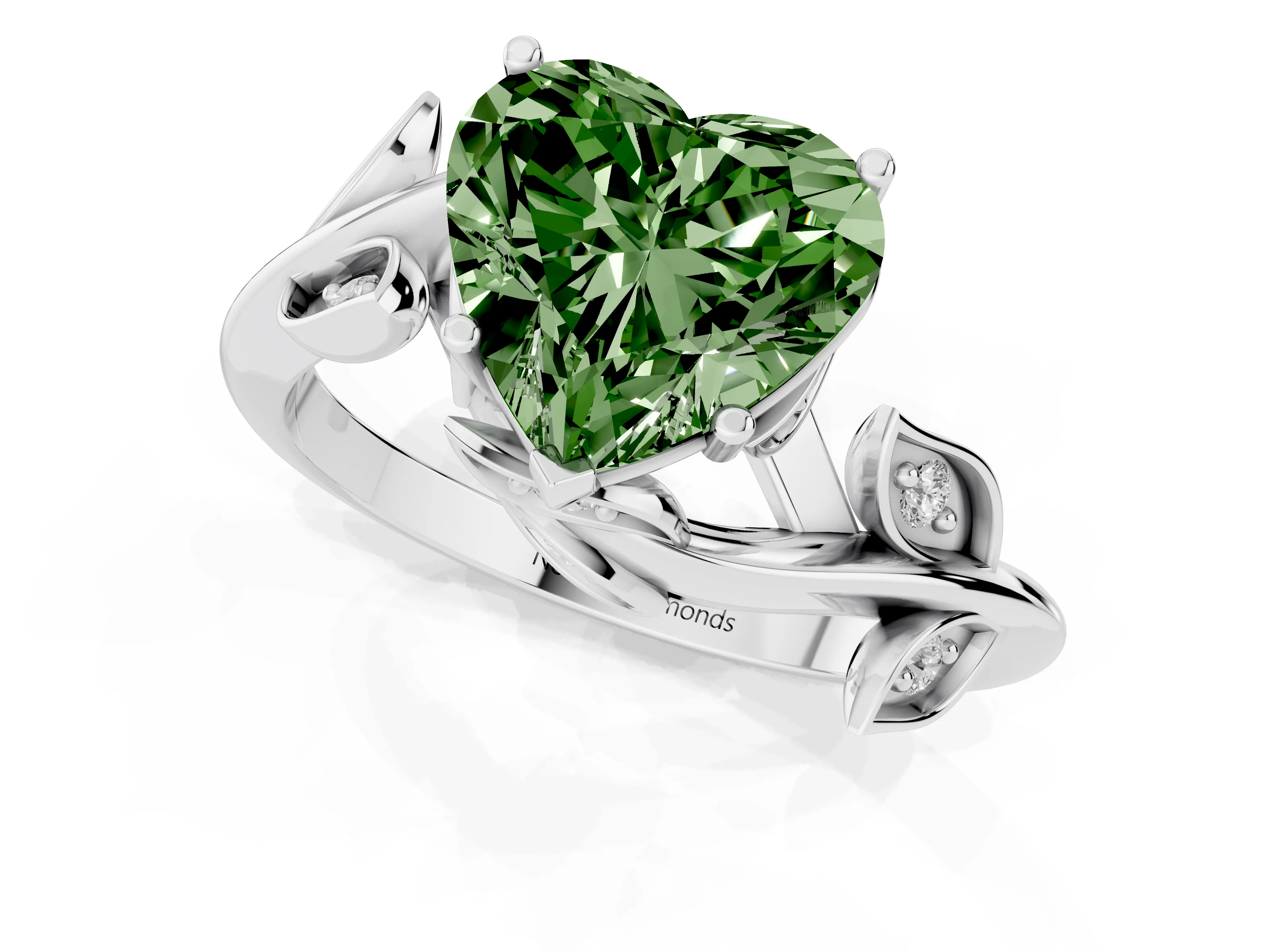 Fancy Green Heart Cut Diamond Solitaire Twist Engagement Ring Set in Silver with Pavé Leaf Accents