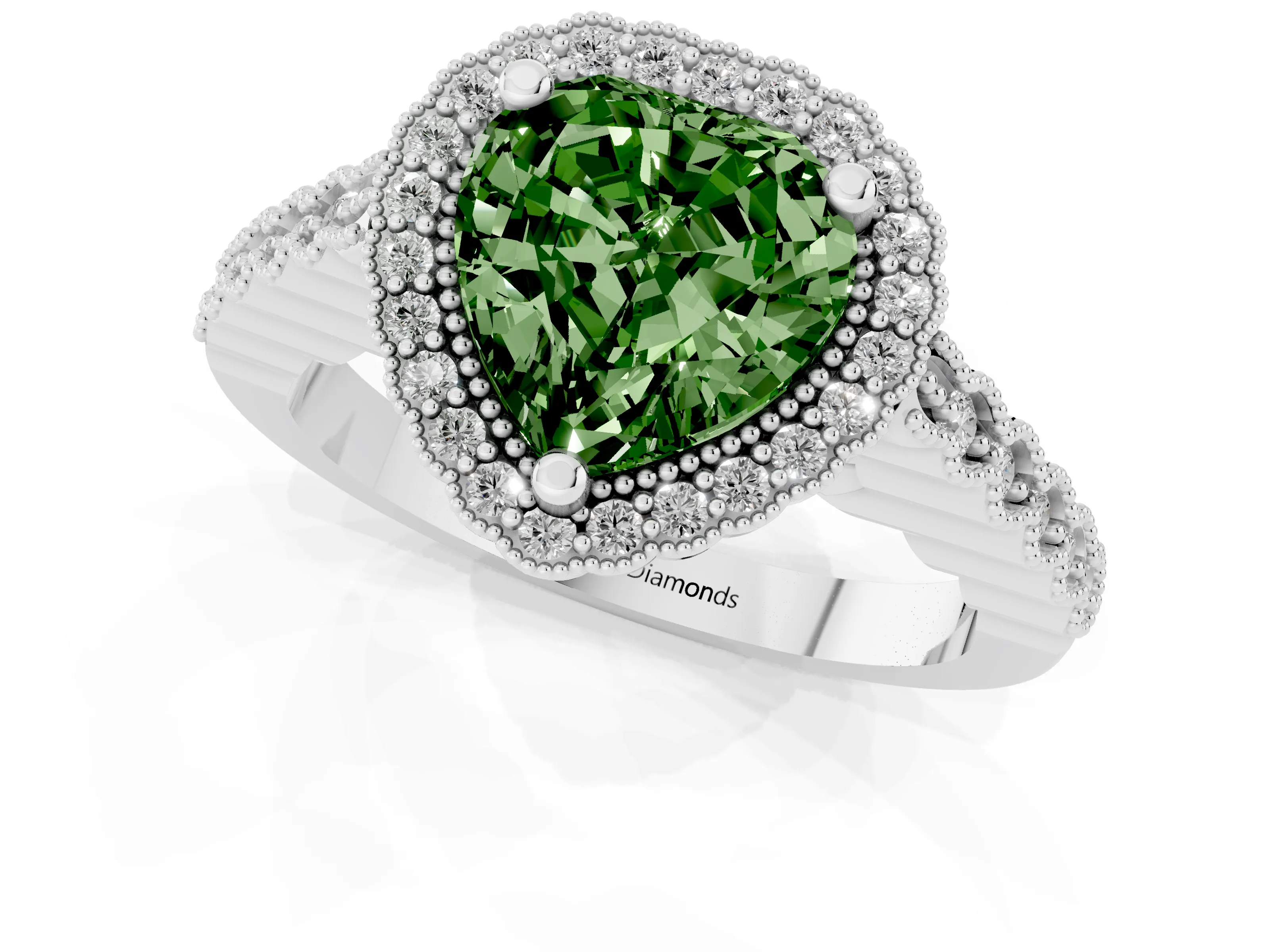 Fancy Green Heart Cut Diamond Halo Ring Set in Silver with Pavé Milgrain Band