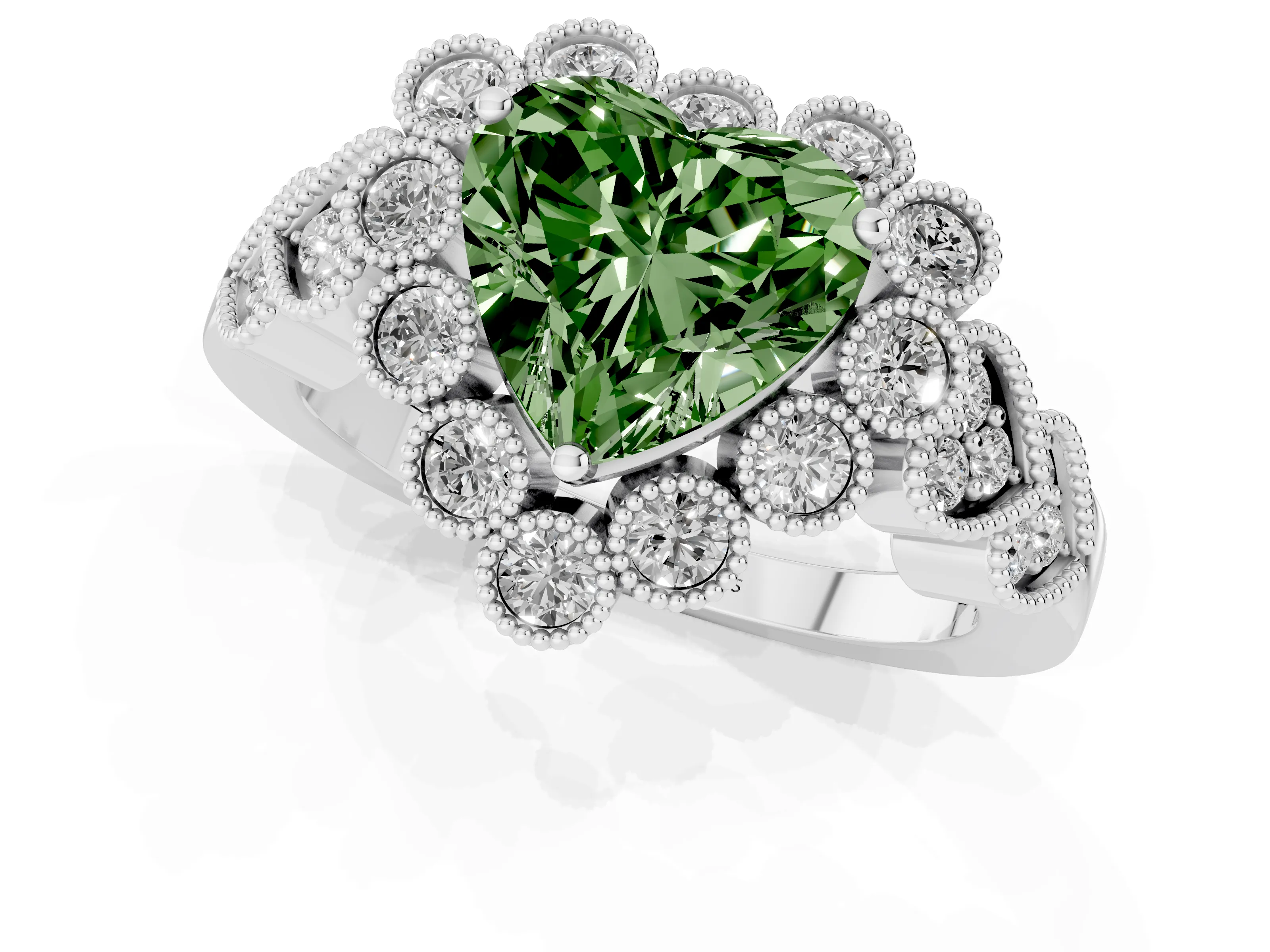 Fancy Green Heart Cut Diamond Solitaire Ring Set in Platinum with Milgrain Pavé Heart Band