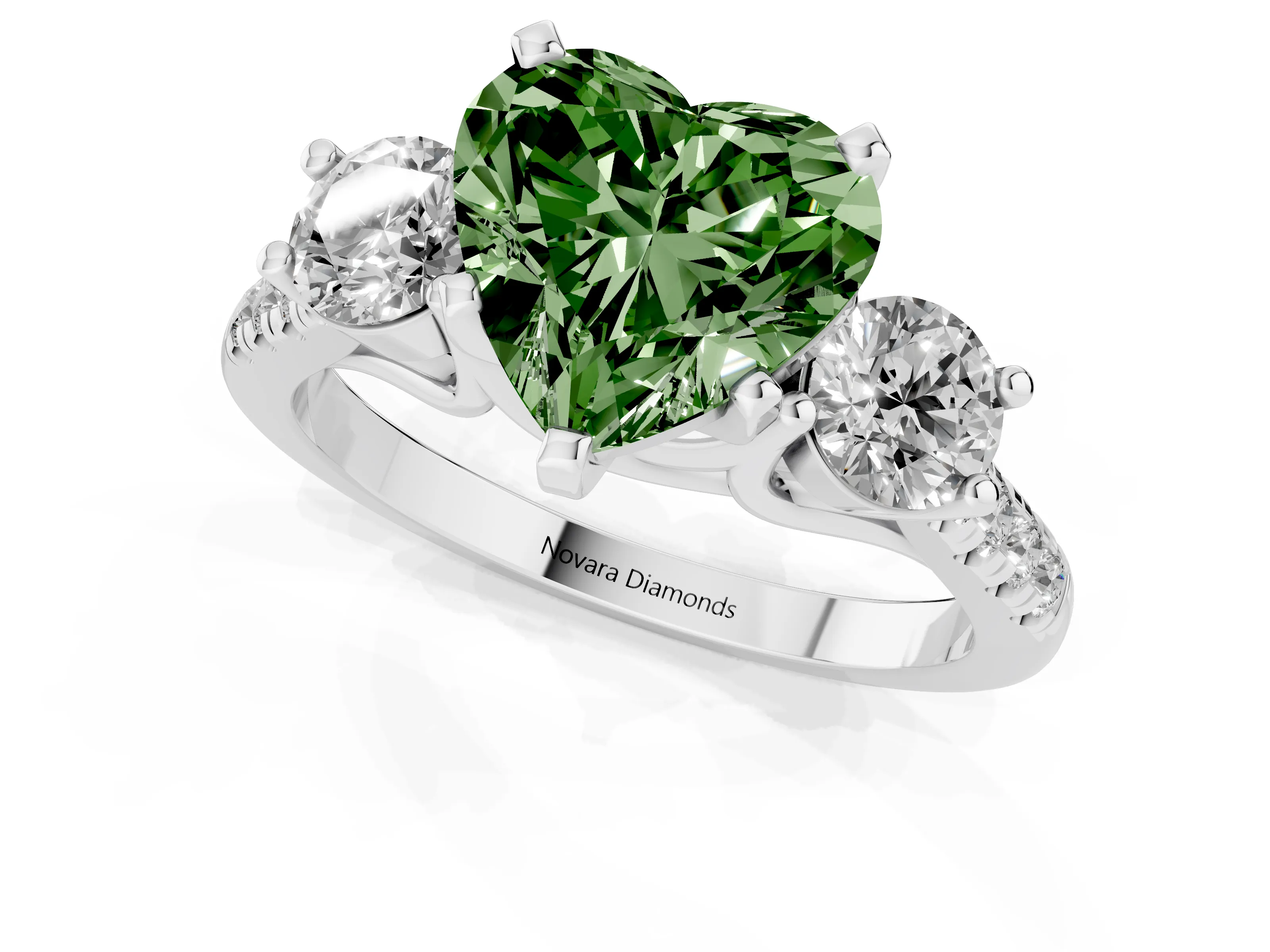 Fancy Green Three-Stone Heart Cut Diamond Pavé Band Ring Set in White gold with Prong-Set Trio
