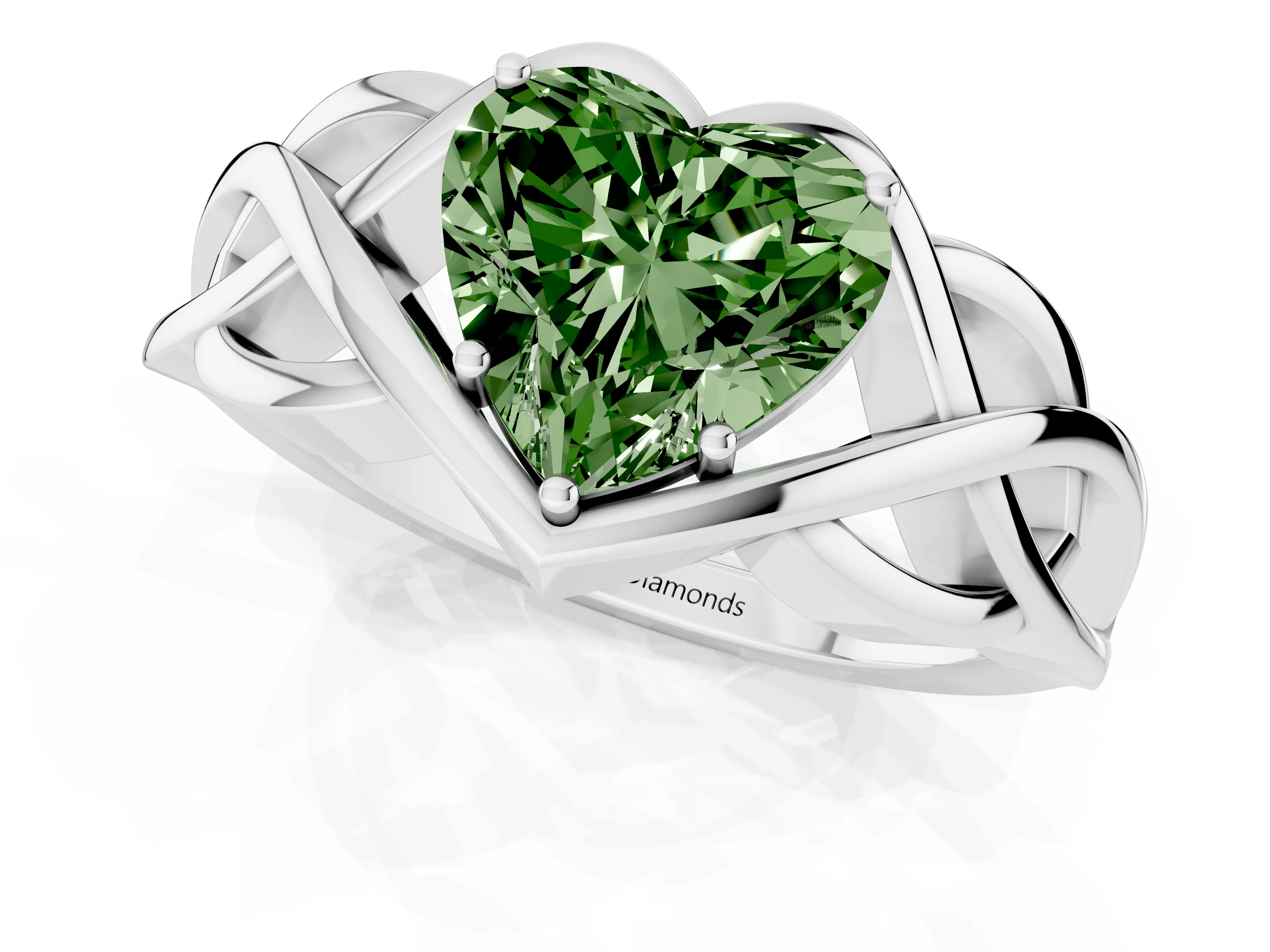 Fancy Green Heart Cut Diamond Solitaire Ring Set in Platinum with Intertwined Band