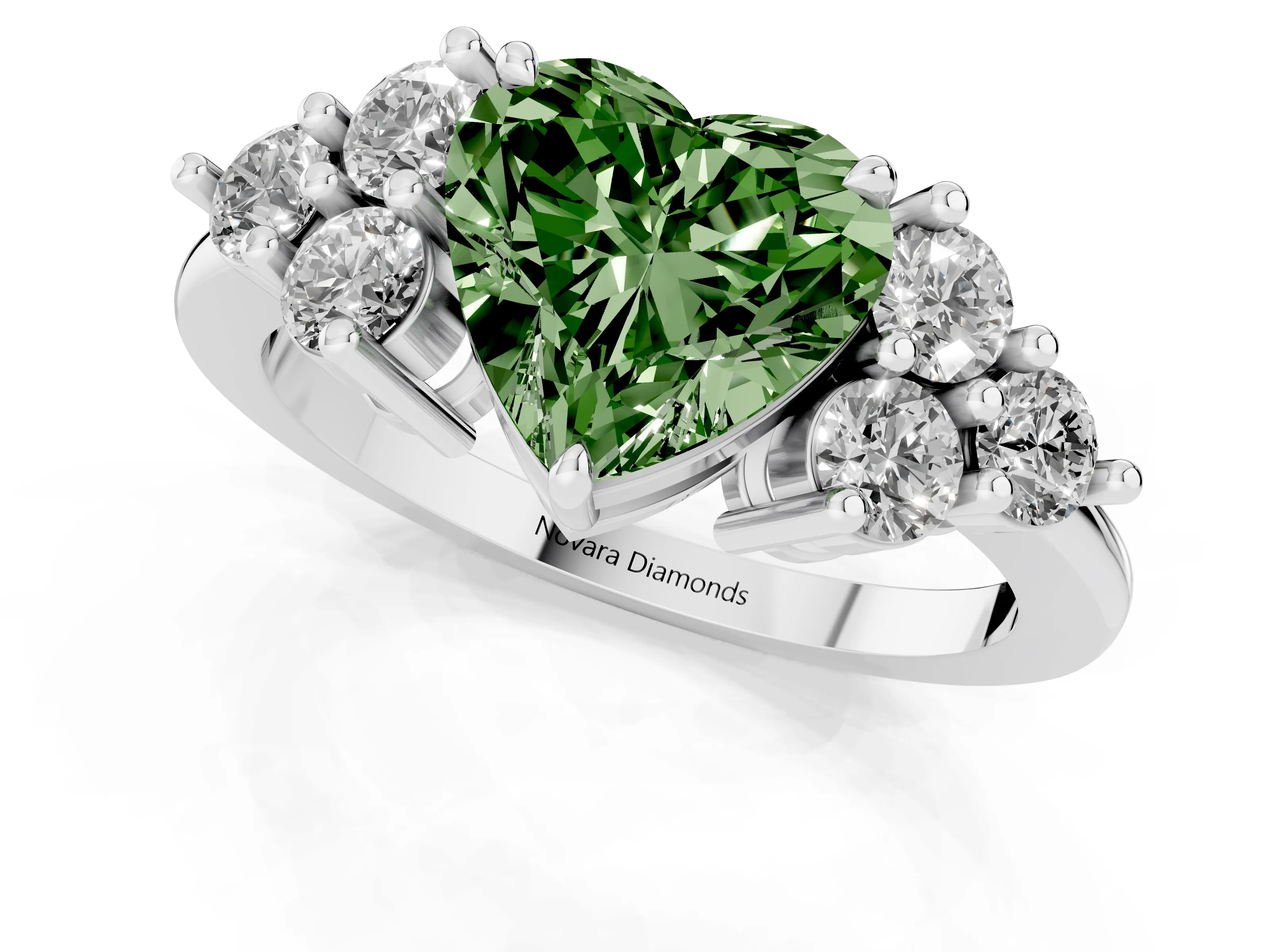 Fancy Green Heart Cut Diamond Solitaire Ring Set in Platinum with Cluster Accents on Each Side – second view