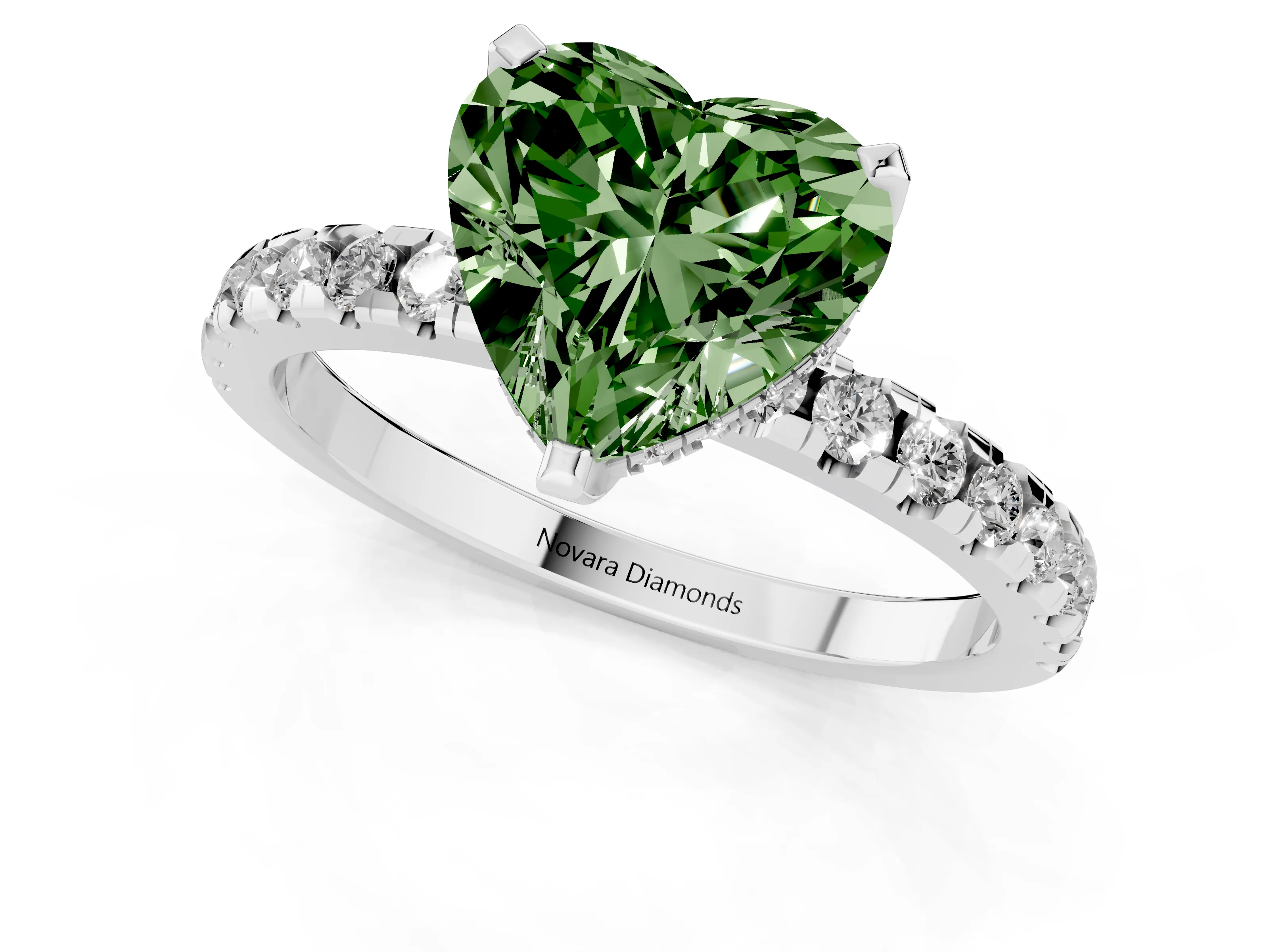 Fancy Green Heart Cut Diamond Pavé Solitaire Ring Set in White gold with Round Band Accents and Prong Setting