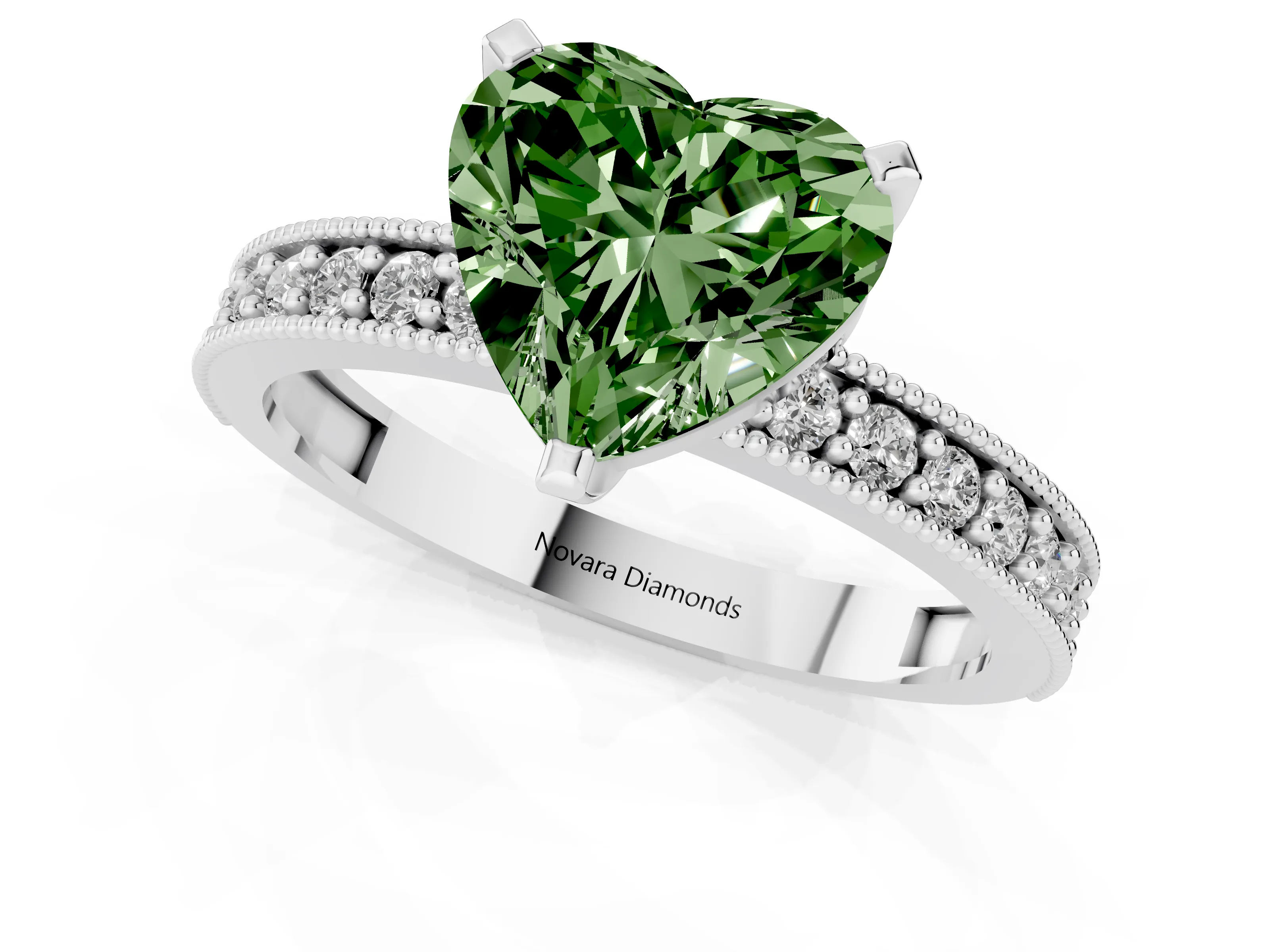 Fancy Green Heart Cut Diamond Milgrain Pavé Engagement Ring Set in Silver with Prong Setting