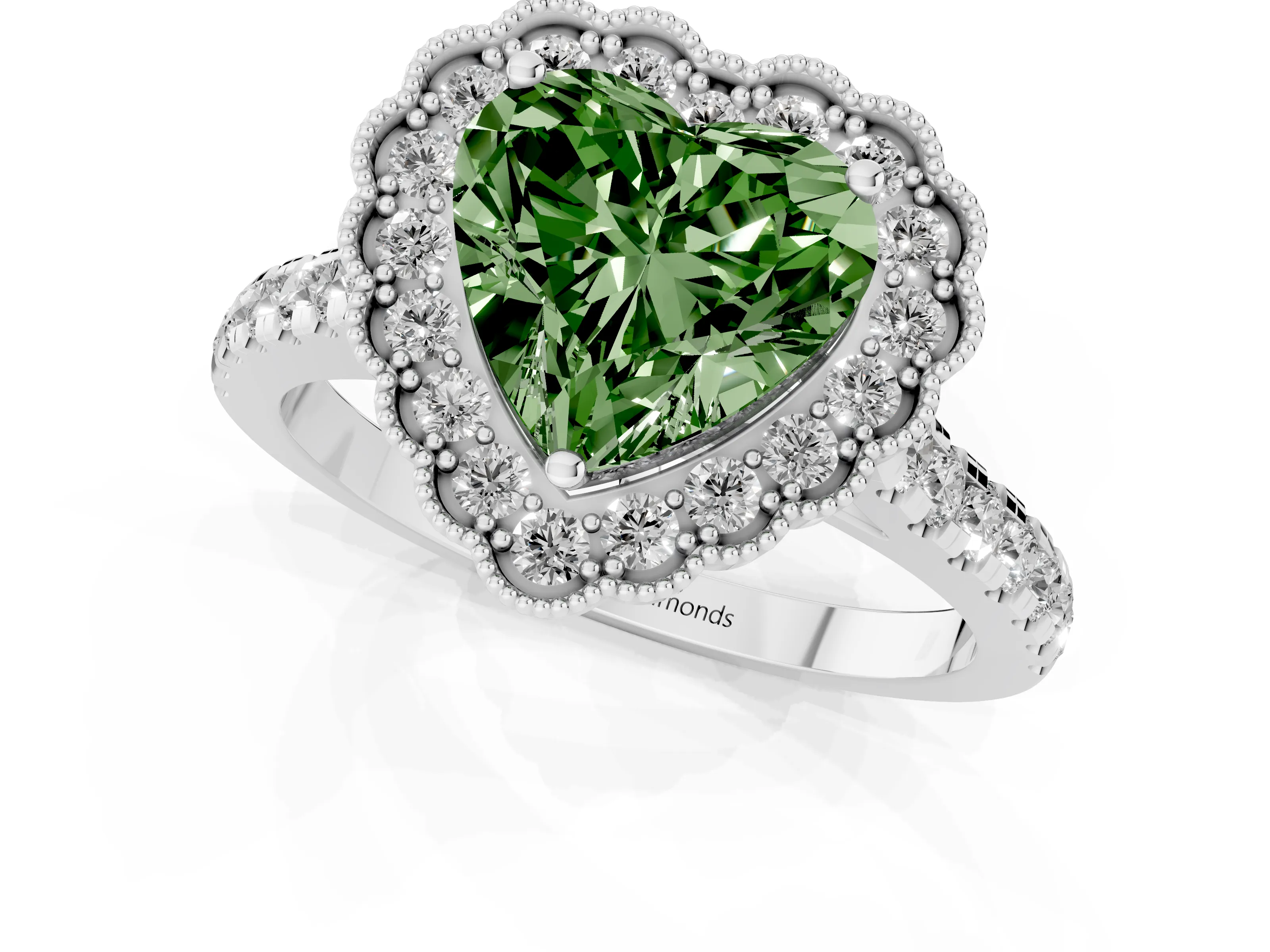 Fancy Green Heart Cut Diamond Milgrain Floral Halo Engagement Ring Set in White gold with Pavé Band