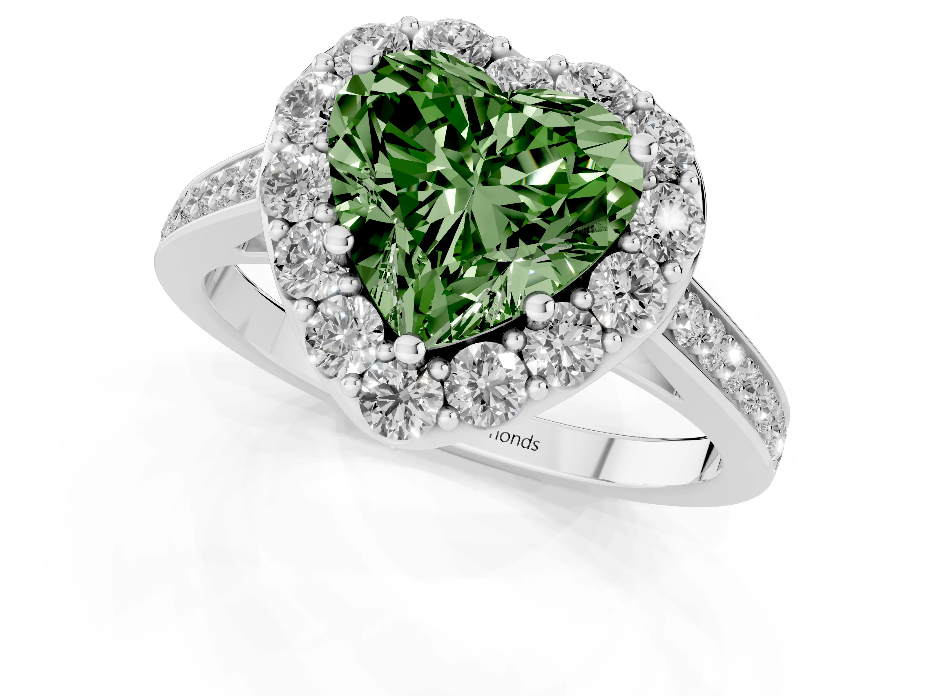 Fancy Green Heart Cut Diamond Floral Halo Ring Set in Platinum with Pavé Band and Prong Setting