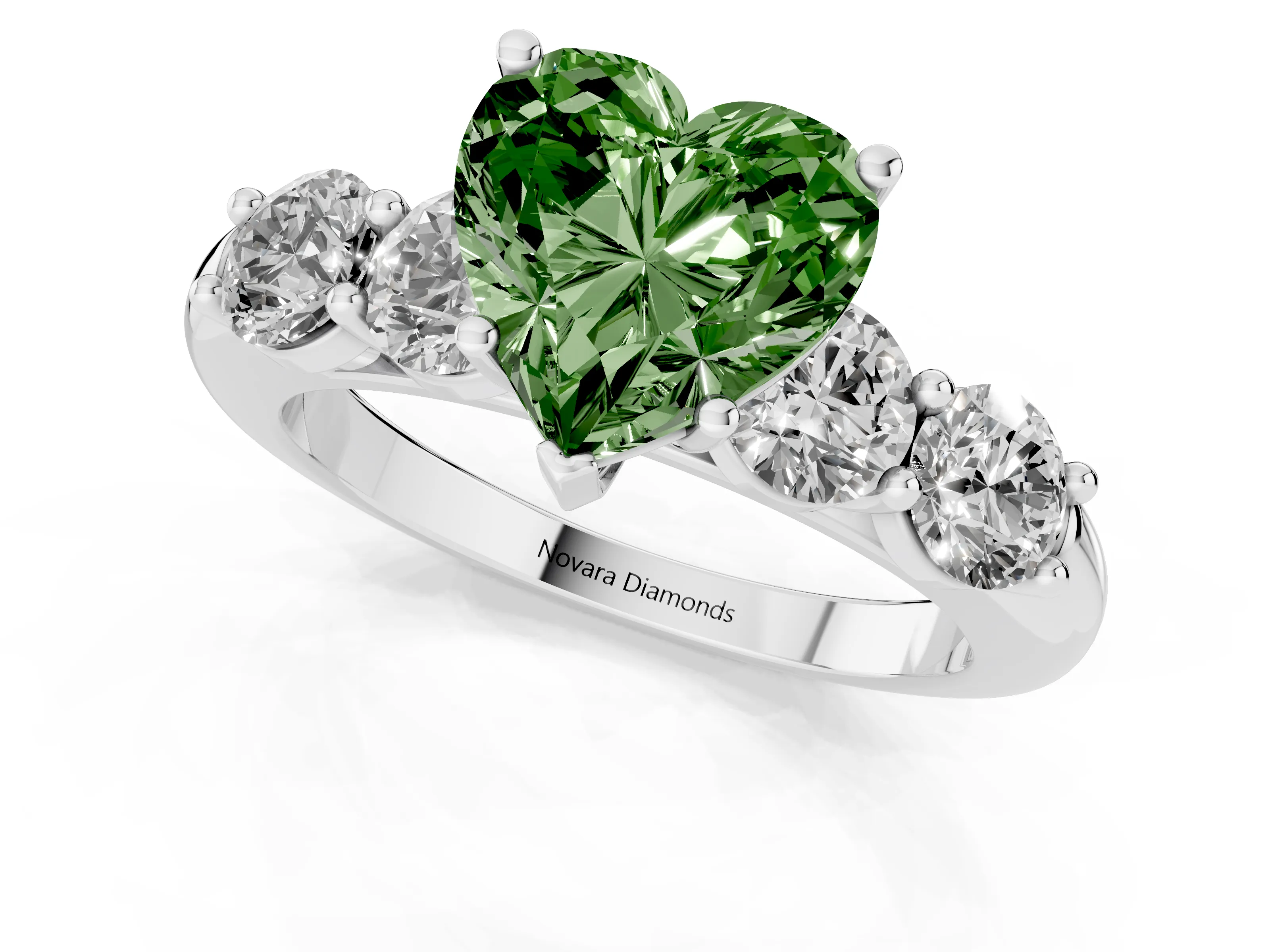 Fancy Green Heart Cut Diamond Five-Stone Prong Set Ring Set in White gold with Classic Band