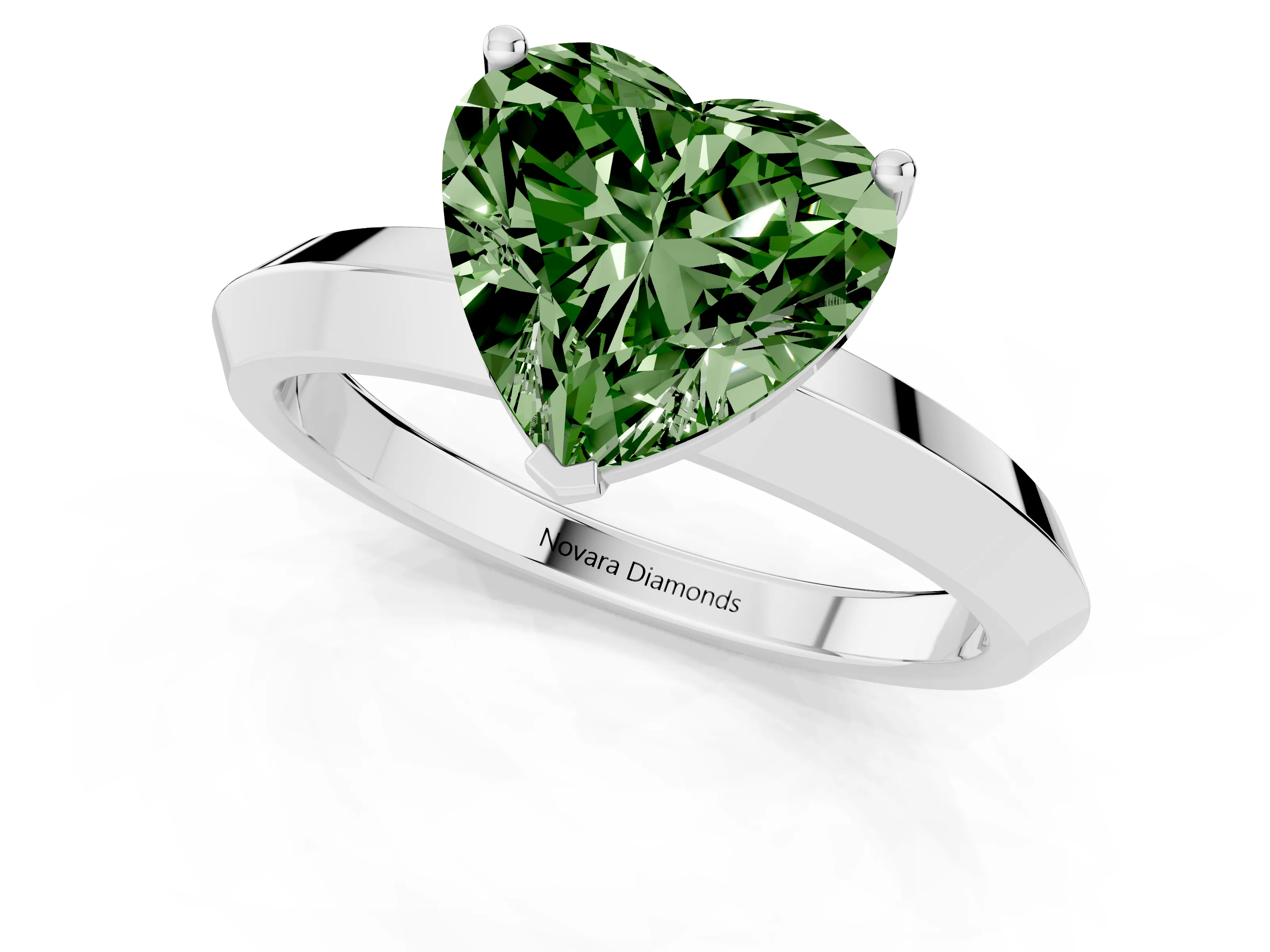 Fancy Green Heart Cut Diamond Solitaire Engagement Ring Set in Silver with Flat Band and Prong Setting