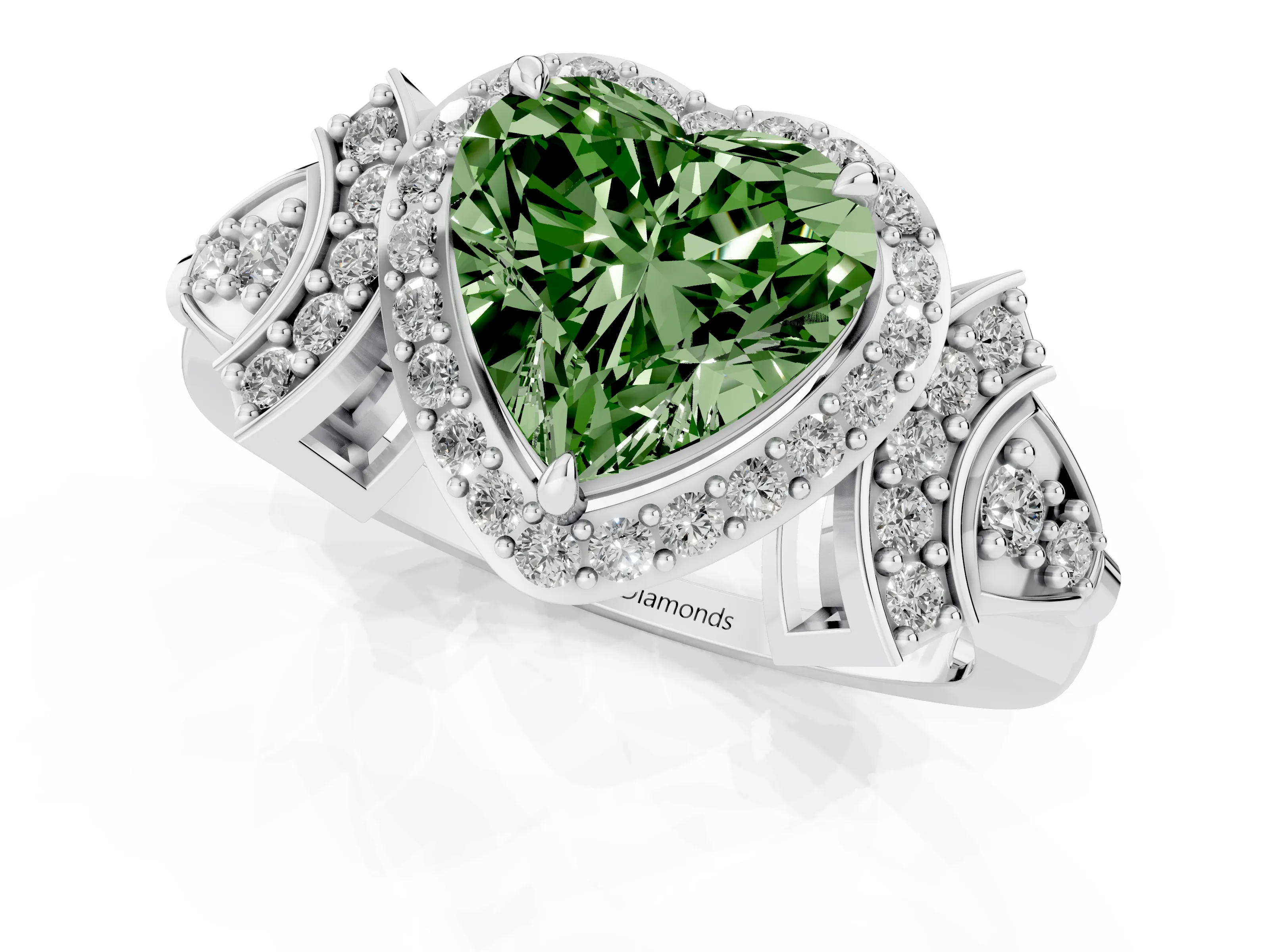 Fancy Green Heart Cut Diamond Halo Engagement Ring Set in Silver with Accent Stone Split Shank