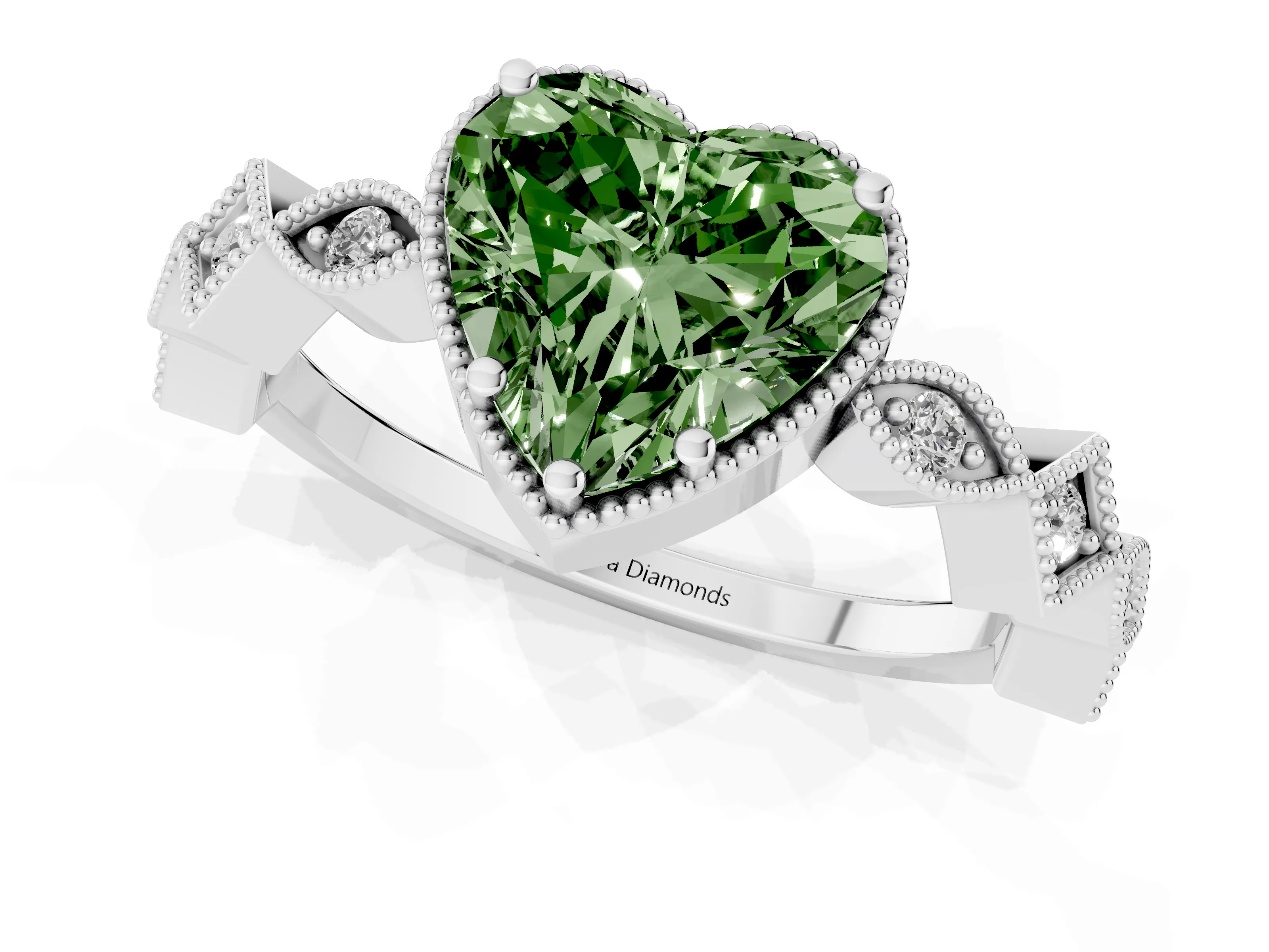 Fancy Green Heart Cut Diamond Milgrain Marquise Twist Band Ring Set in Silver with Prong Setting