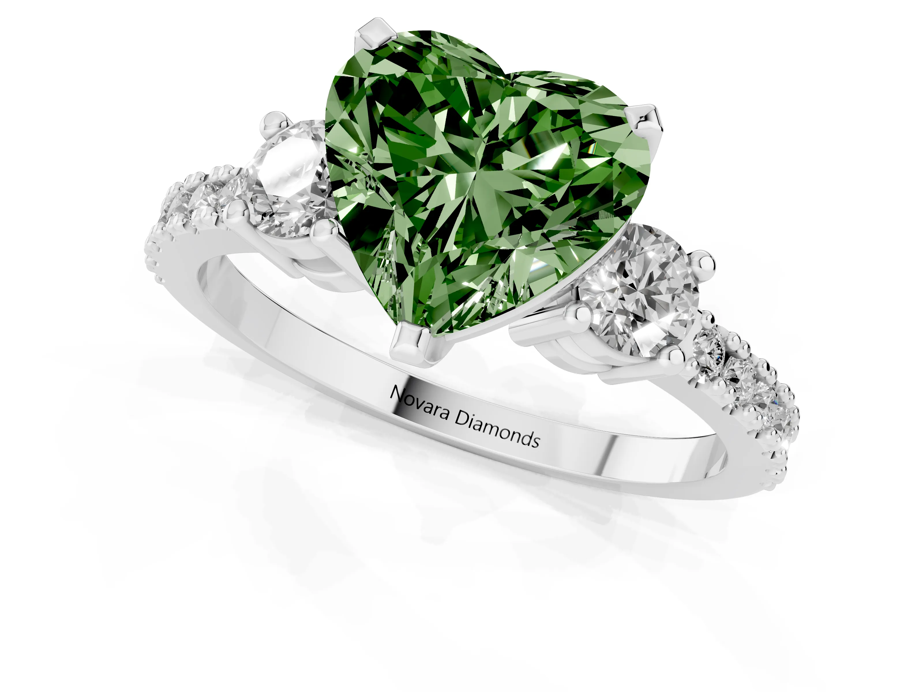 Fancy Green Three-Stone Heart Cut Diamond Pavé Band Ring Set in White gold with Prong Setting