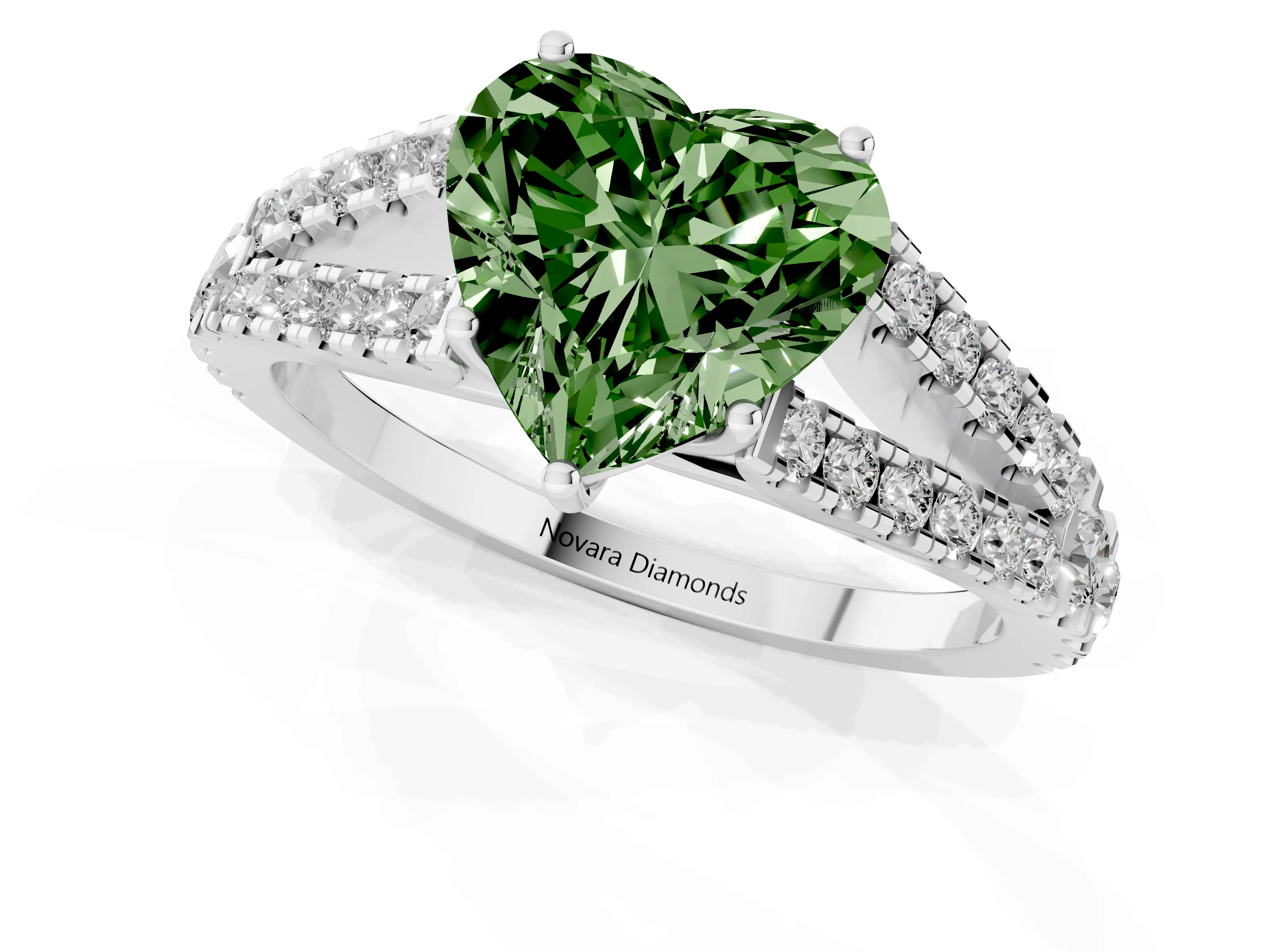 Fancy Green Heart Cut Diamond Split Shank Pavé Engagement Ring Set in Platinum with Prong-Held Center Stone