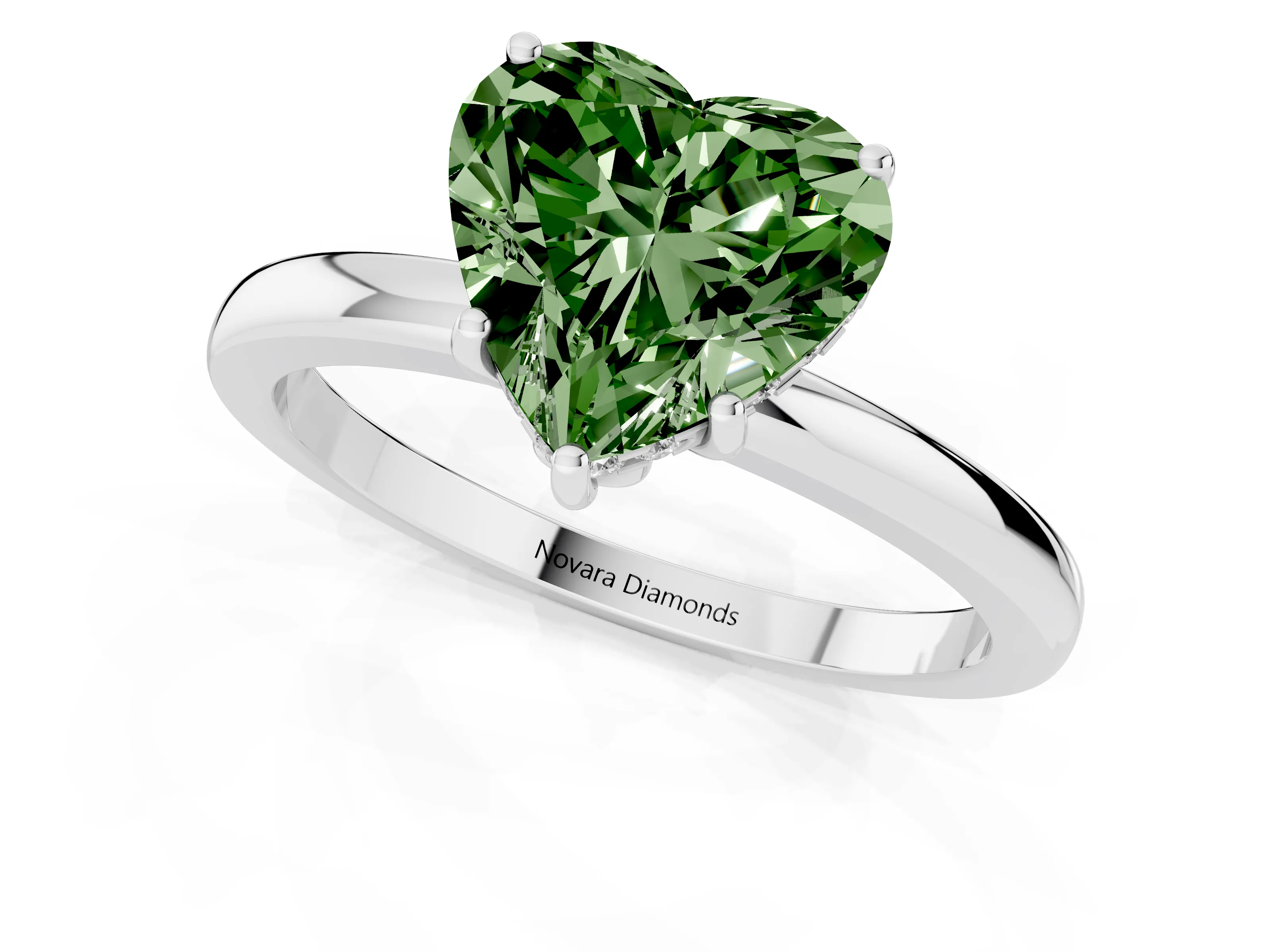 Fancy Green Heart Cut Diamond Solitaire Ring Set in White gold with Plain Band and Prong Setting