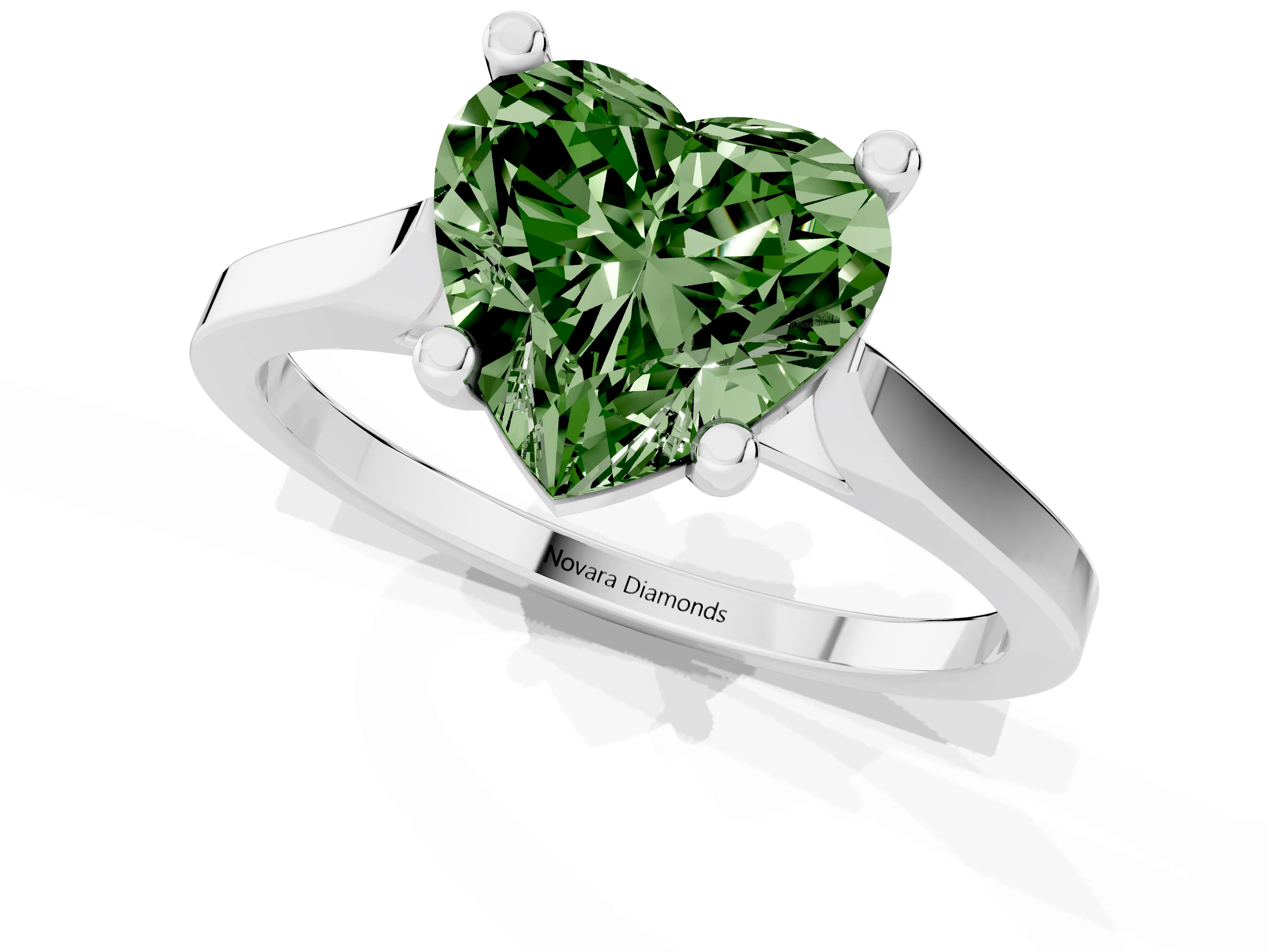 Fancy Green Heart Cut Diamond Solitaire Ring Set in Platinum with Prong Setting and Tapered Band