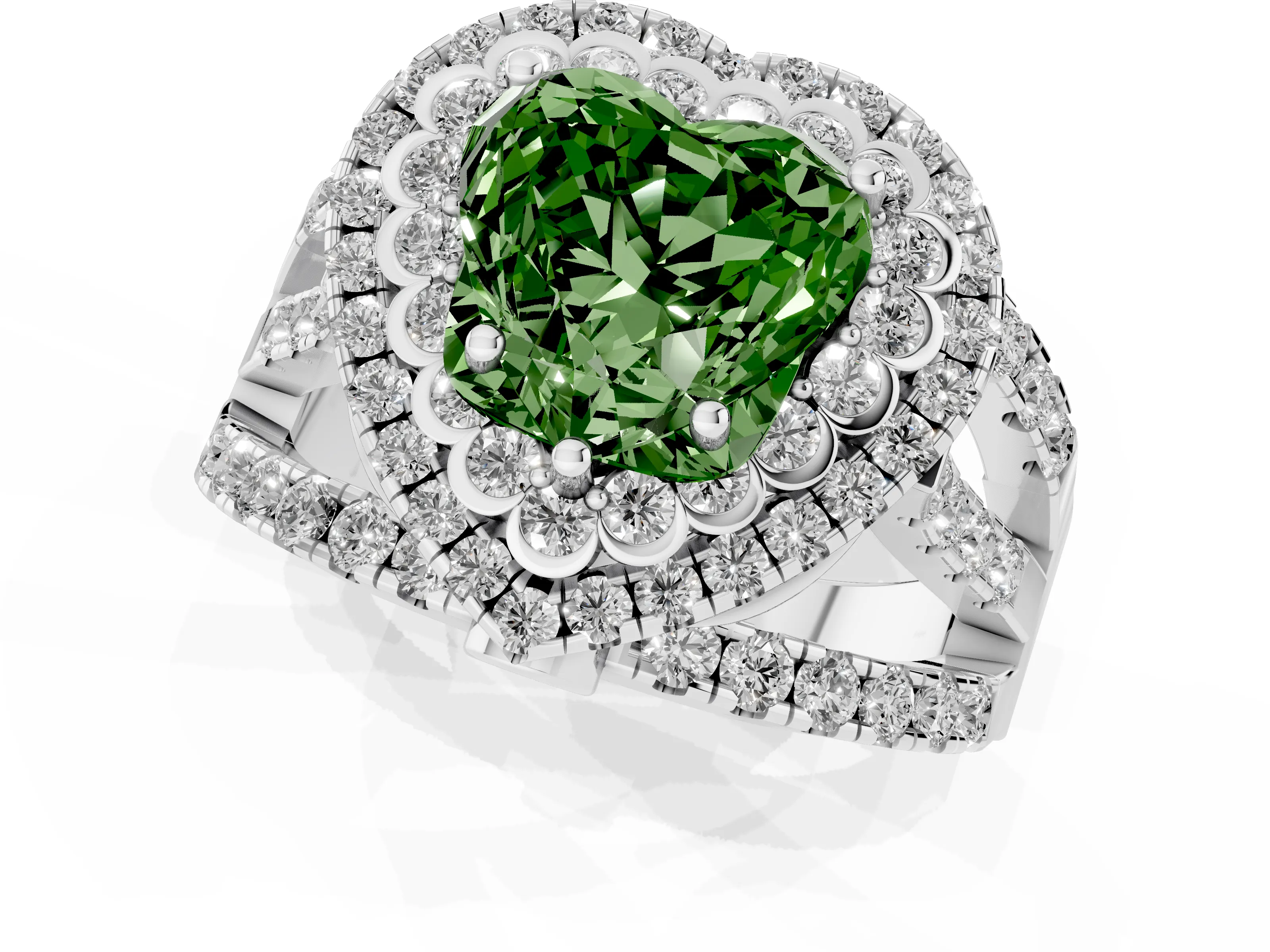 Fancy Green Heart Cut Diamond Double Halo Ring Set in White gold with Round Pavé Split Shank