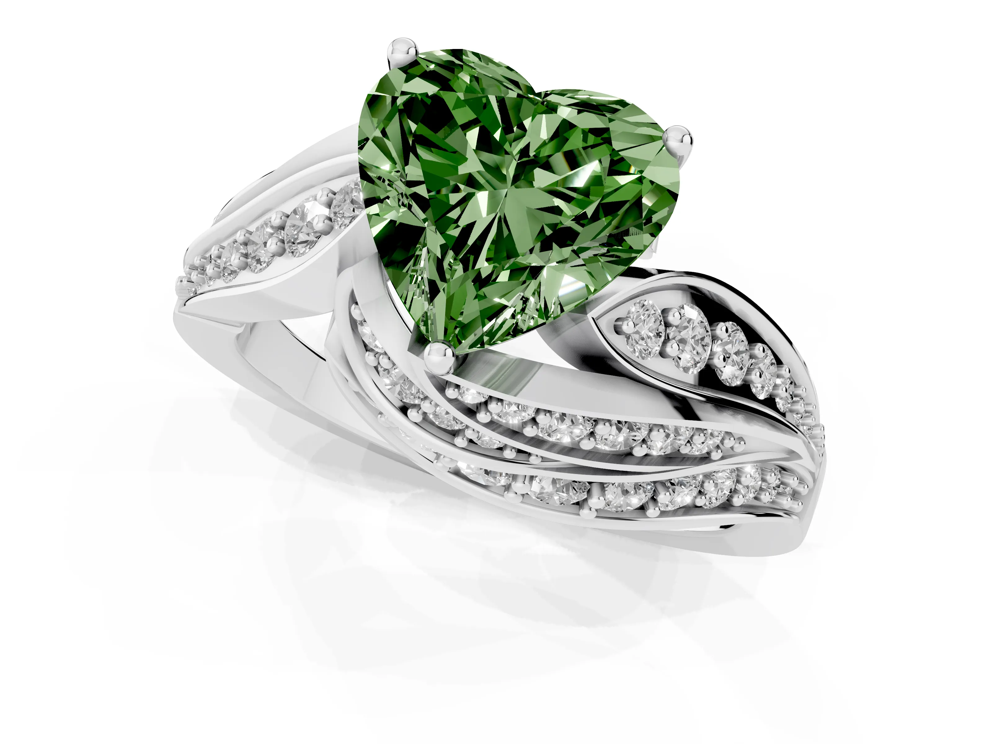Fancy Green Heart Cut Diamond Solitaire Ring Set in Platinum with Layered Twist Pavé Band