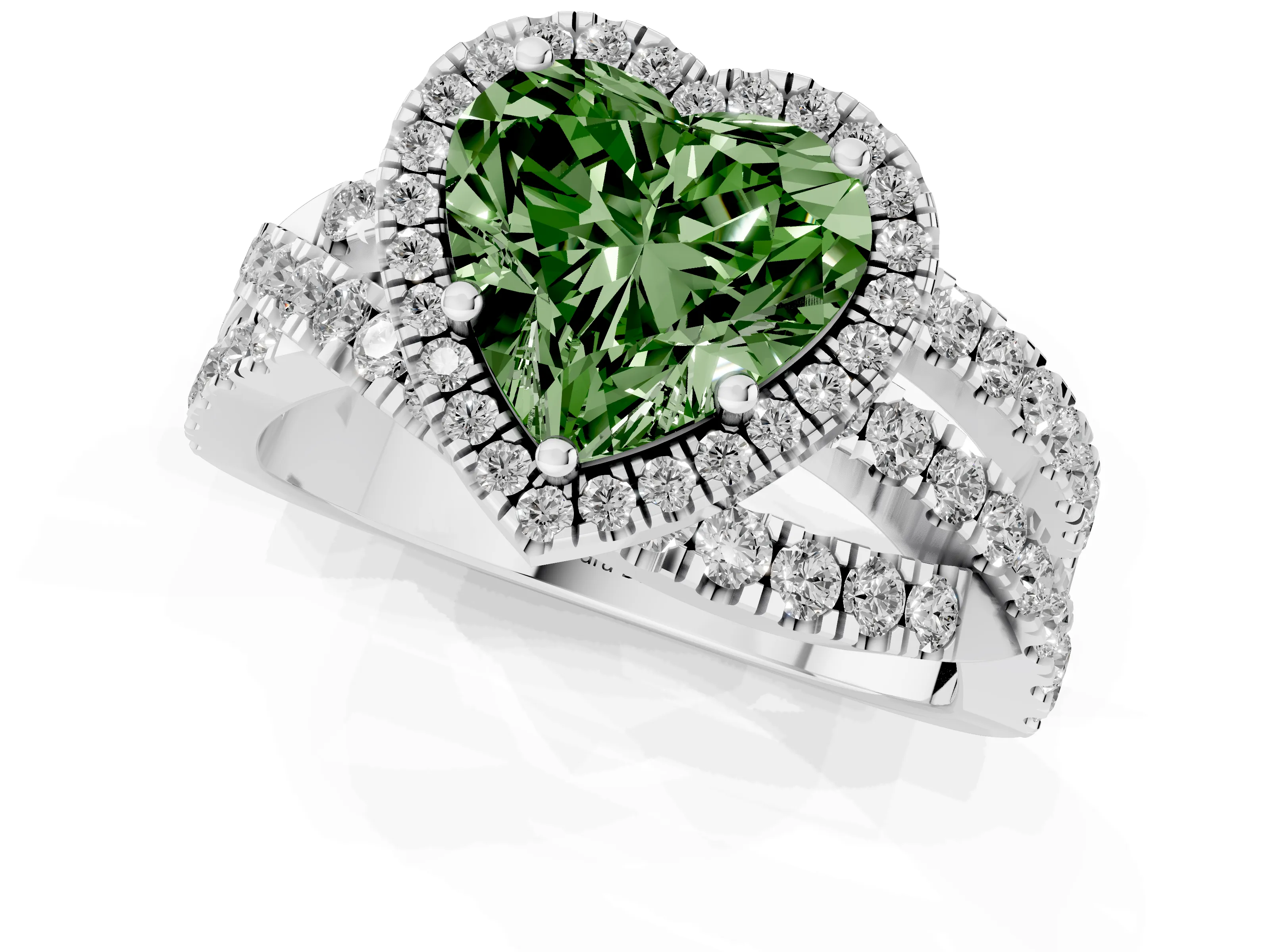 Fancy Green Heart Cut Diamond Halo Ring Set in White gold with Round Crossover Split Shank and Prong Setting