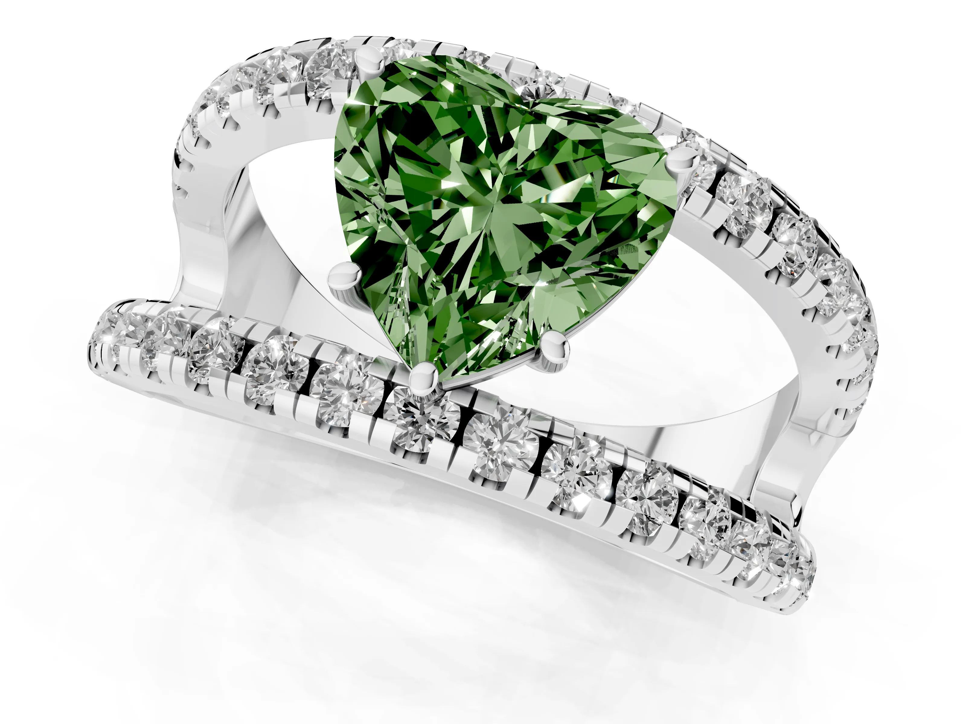 Fancy Green Heart Cut Diamond Split Shank Pavé Solitaire Ring Set in Platinum with Open Shank Design