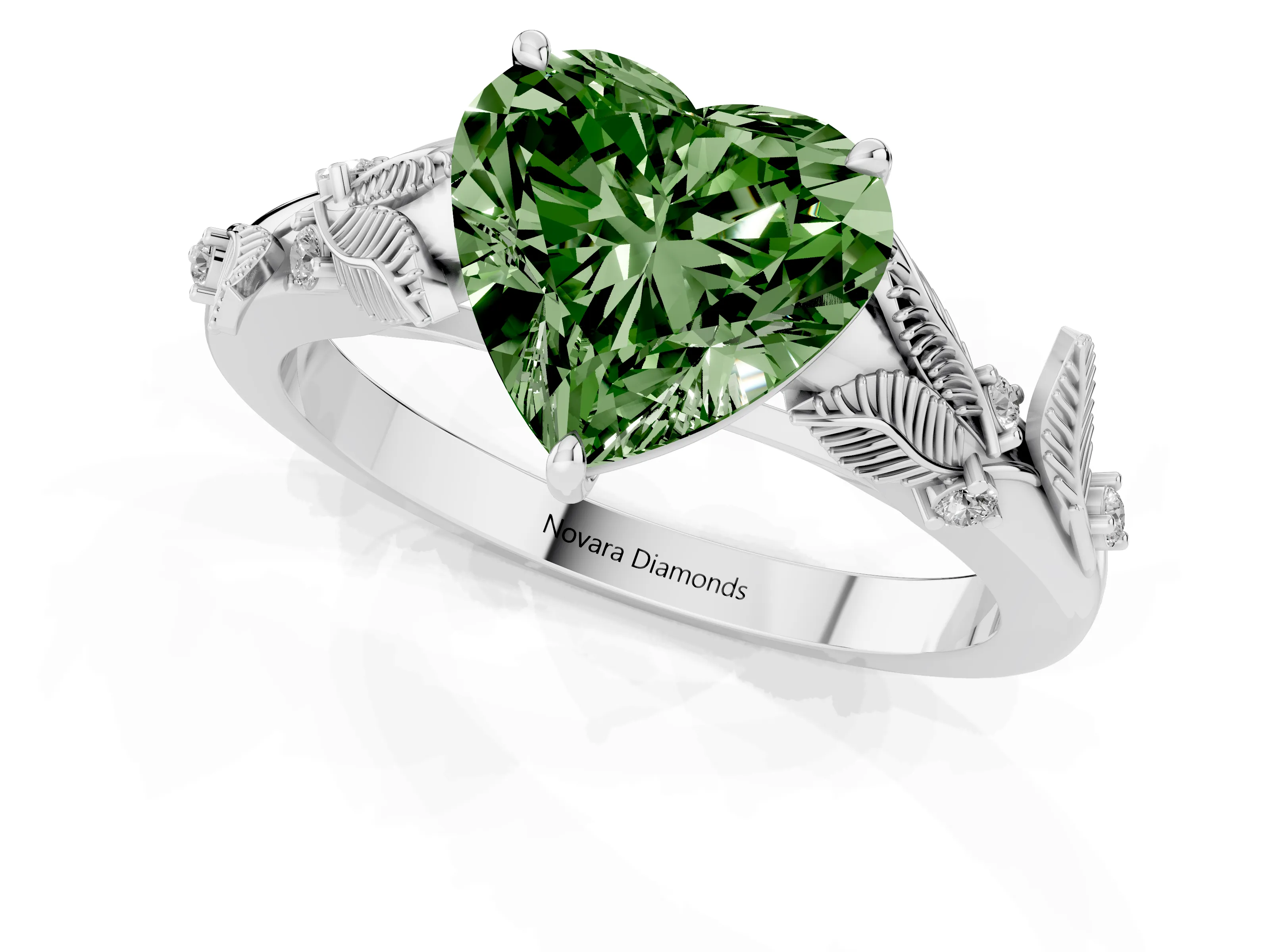 Fancy Green Heart Cut Diamond Solitaire Ring Set in Silver with Leaf Motif Band