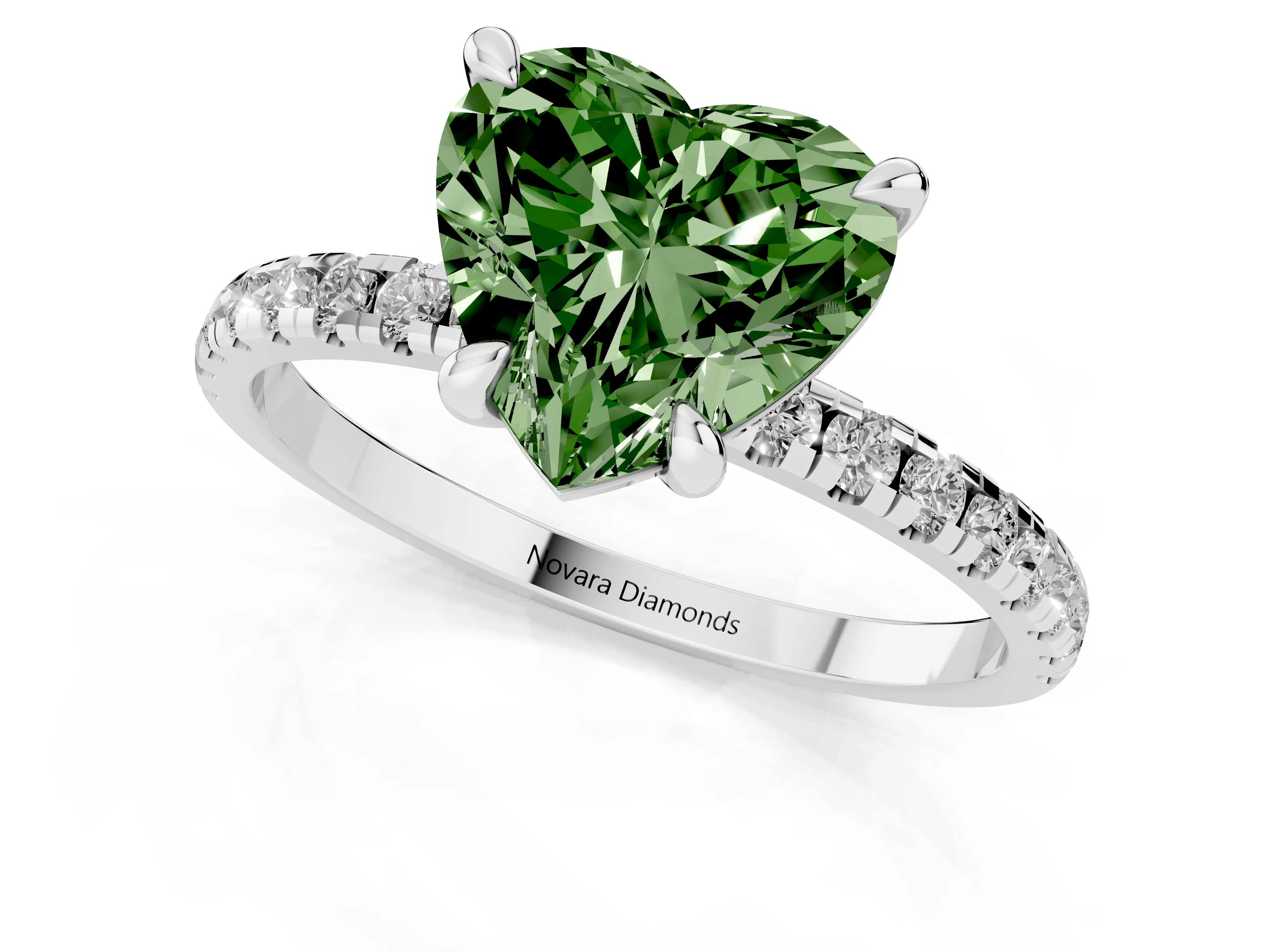 Fancy Green Heart Cut Diamond Brilliant Solitaire Ring Set in Platinum with Pavé Band and Prong Setting