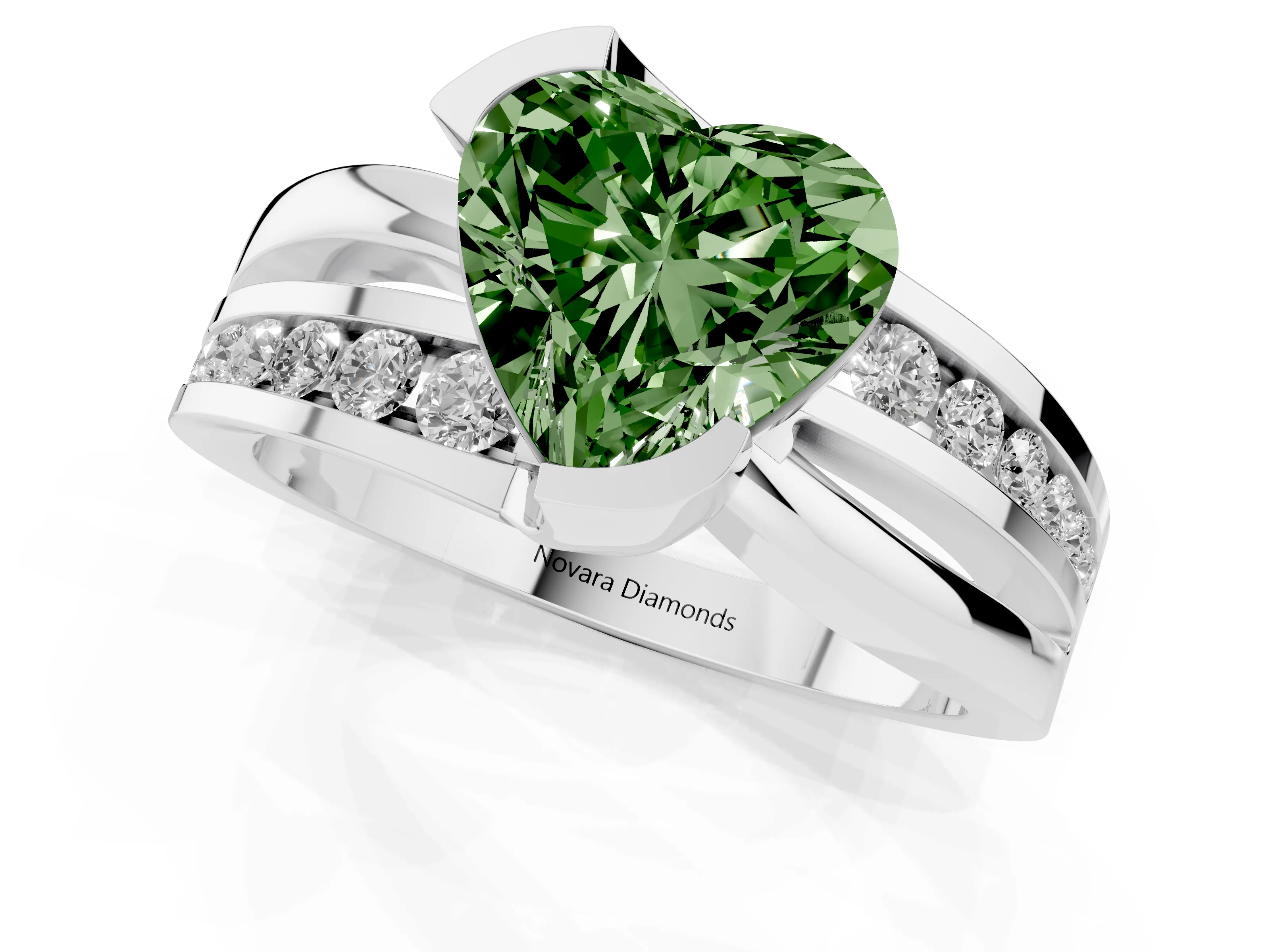 Fancy Green Heart Cut Diamond Solitaire Ring Set in White gold with Channel Set Split Shank and Tension Prongs