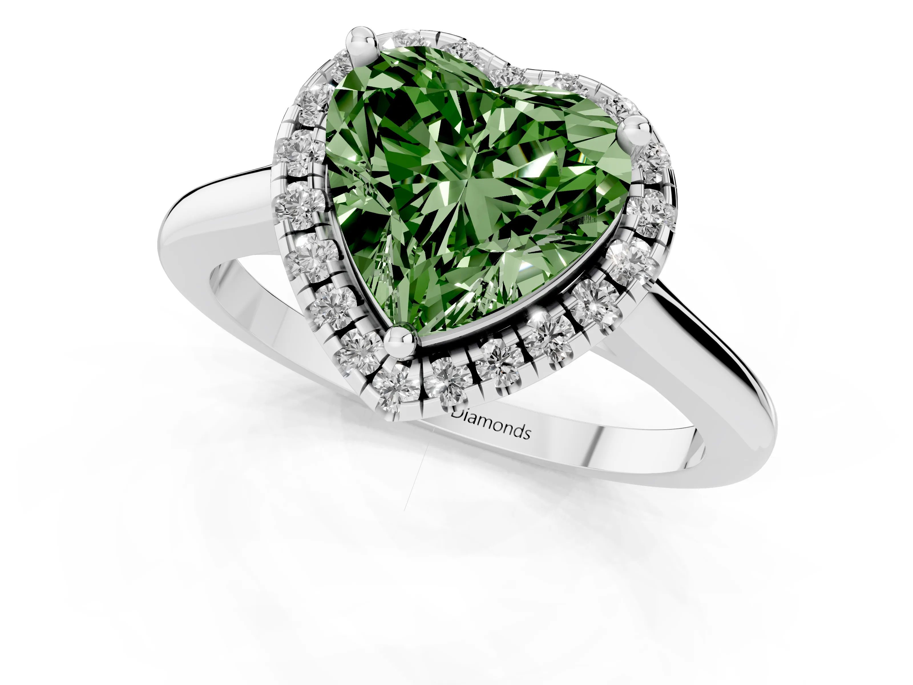 Fancy Green Heart Cut Diamond Halo Engagement Ring Set in White gold with Pavé Band and Rising Shoulders