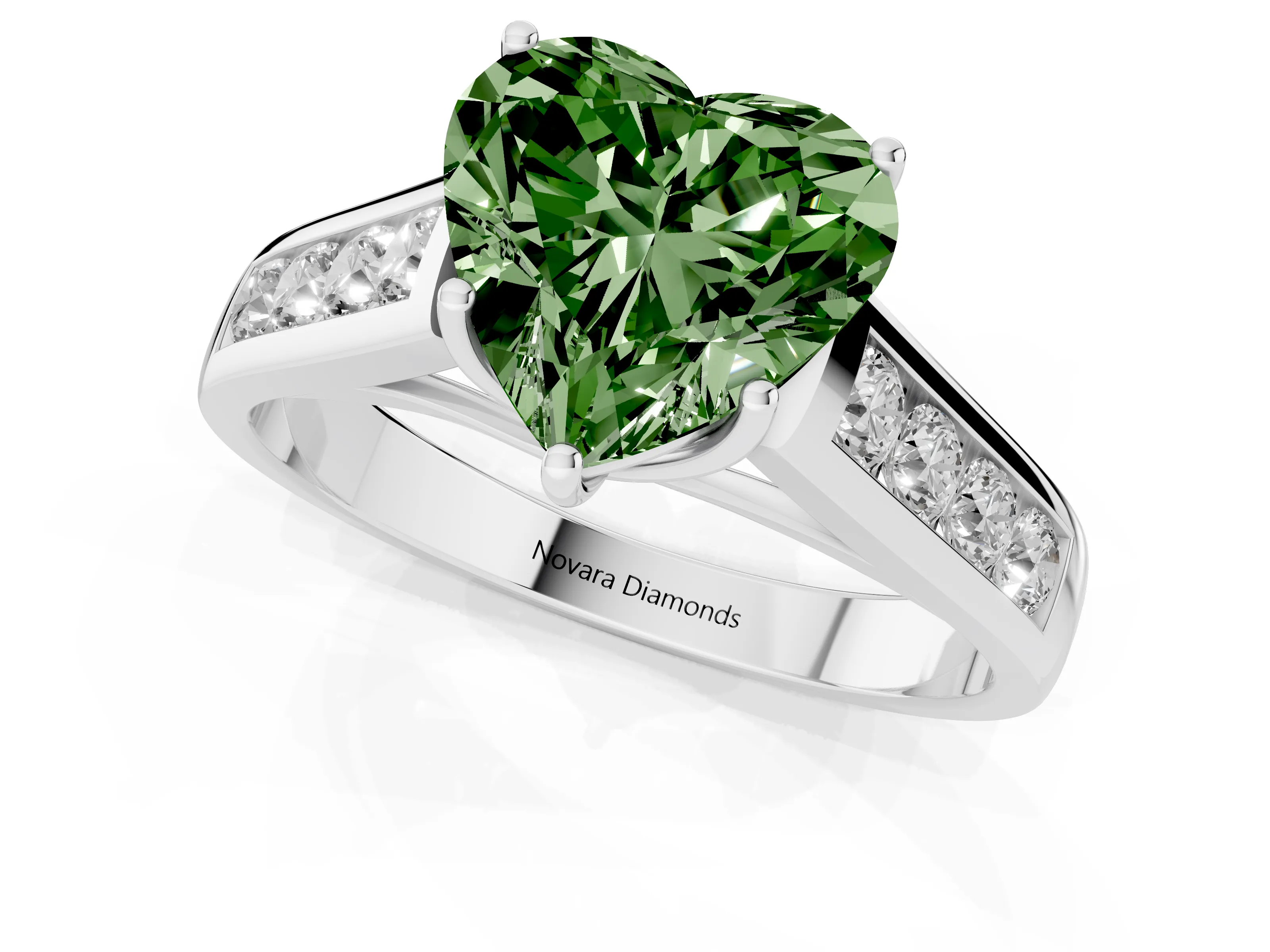 Fancy Green Heart Cut Diamond Solitaire Channel-Set Engagement Ring Set in White gold with Prong Setting
