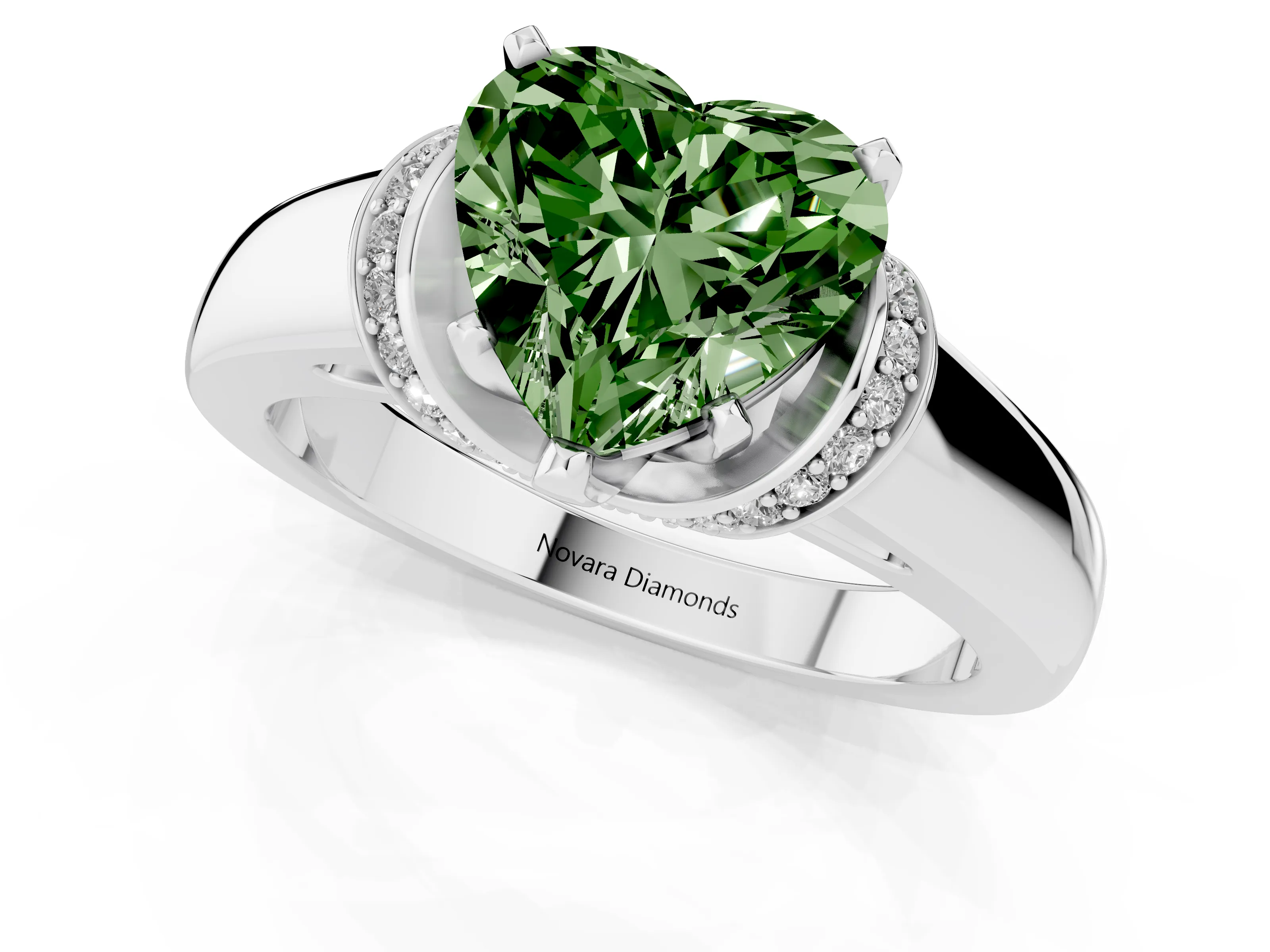 Fancy Green Heart Cut Diamond Pavé Band Solitaire Ring Set in Platinum with Prong Setting