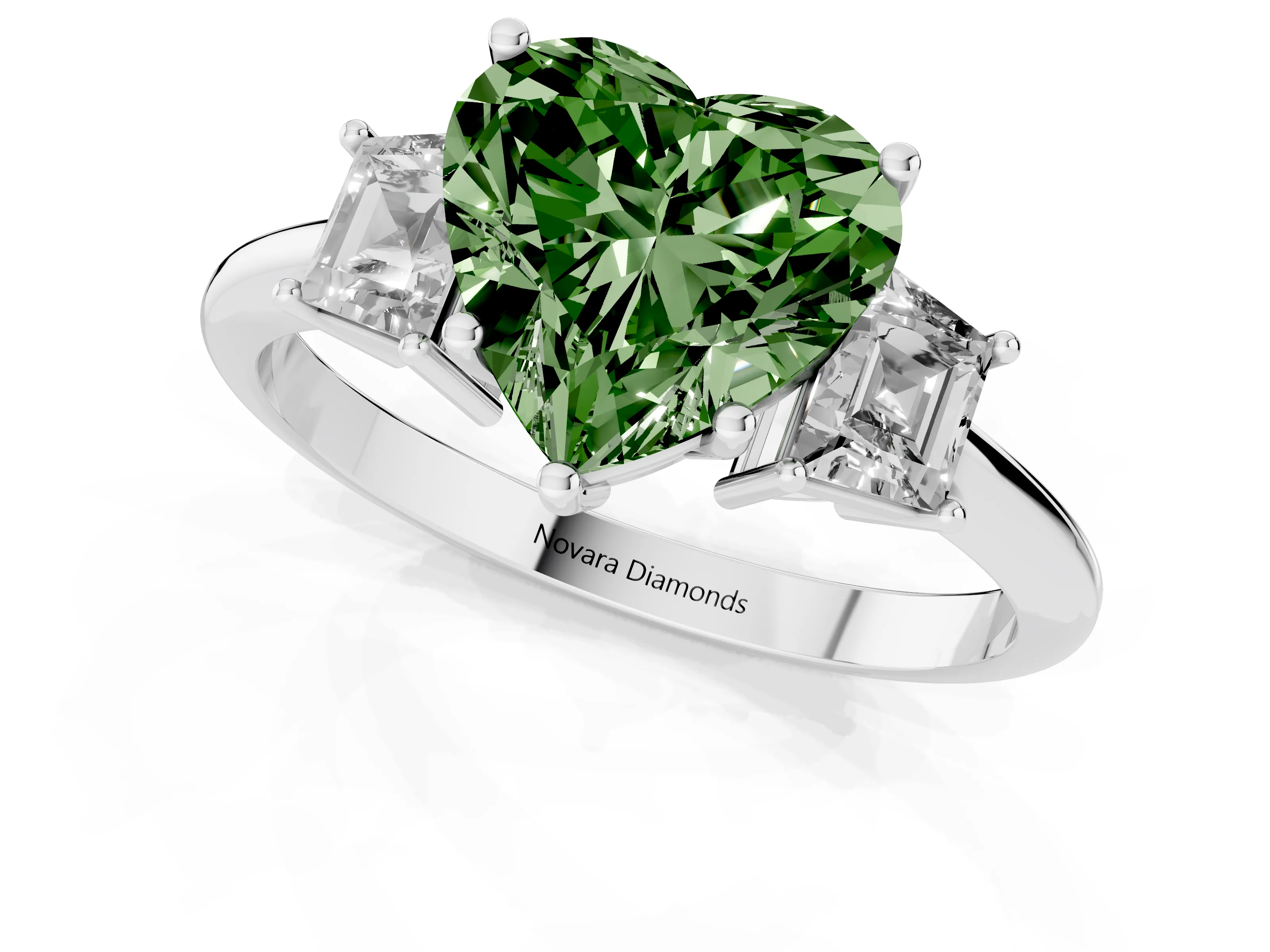 Fancy Green Heart Cut Diamond Three-Stone Ring Set in Silver with Trapezoid Side Stones and Prong Setting