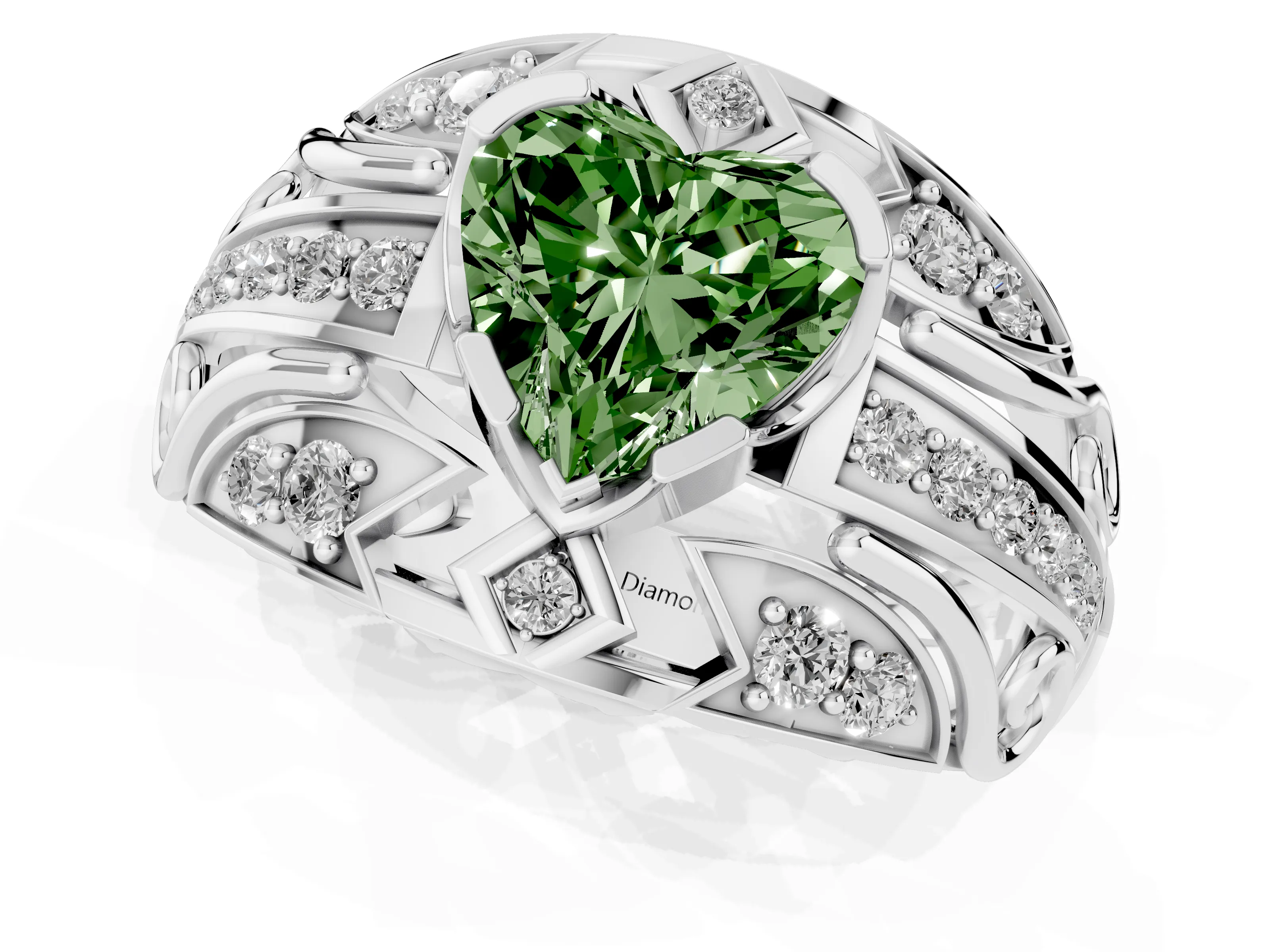 Fancy Green Heart Cut Diamond Art Deco Ring Set in Silver with Pavé Split Shank