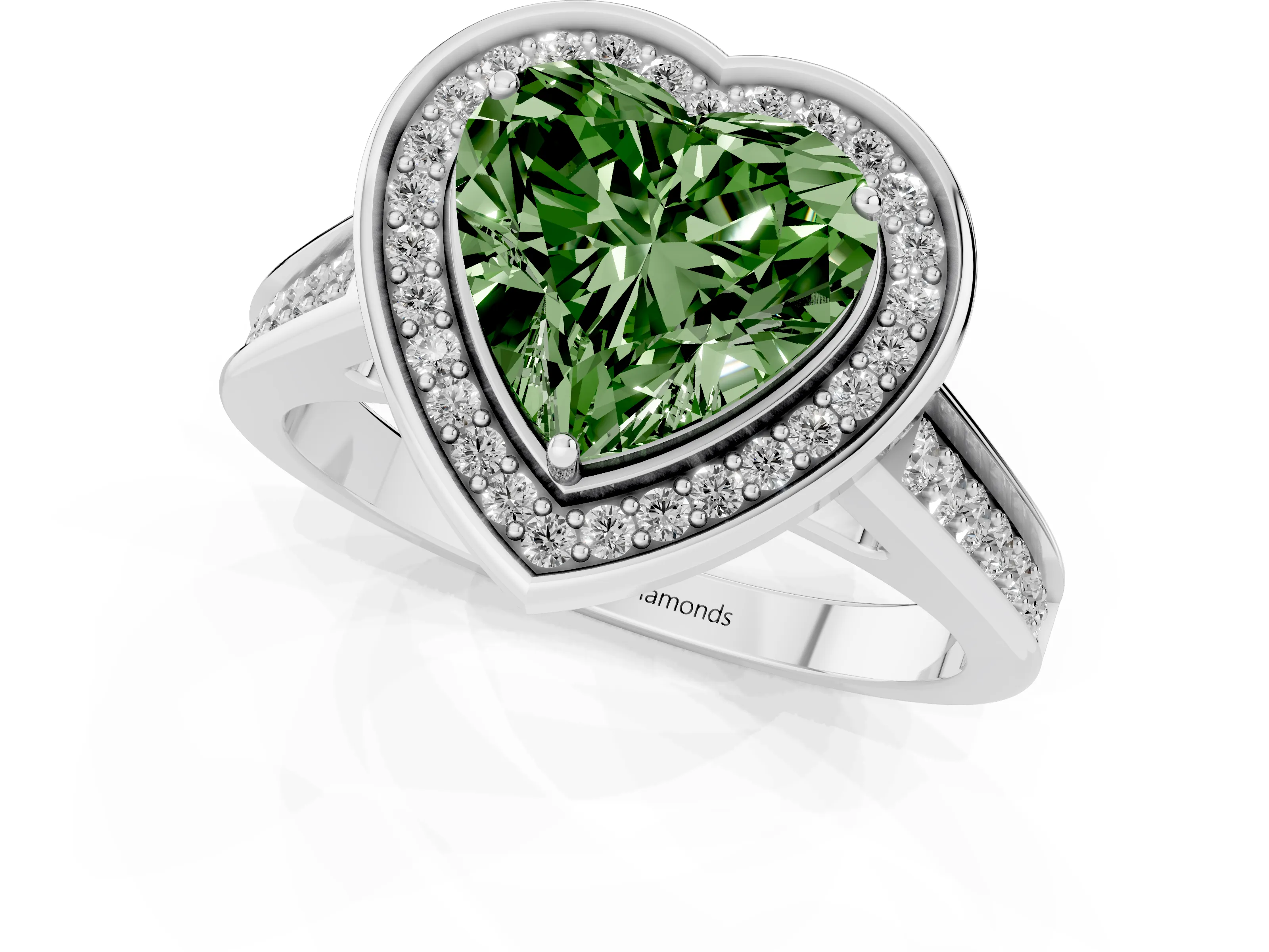 Fancy Green Heart Cut Diamond Halo Solitaire Ring Set in White gold with Pavé Band and Bezel Setting