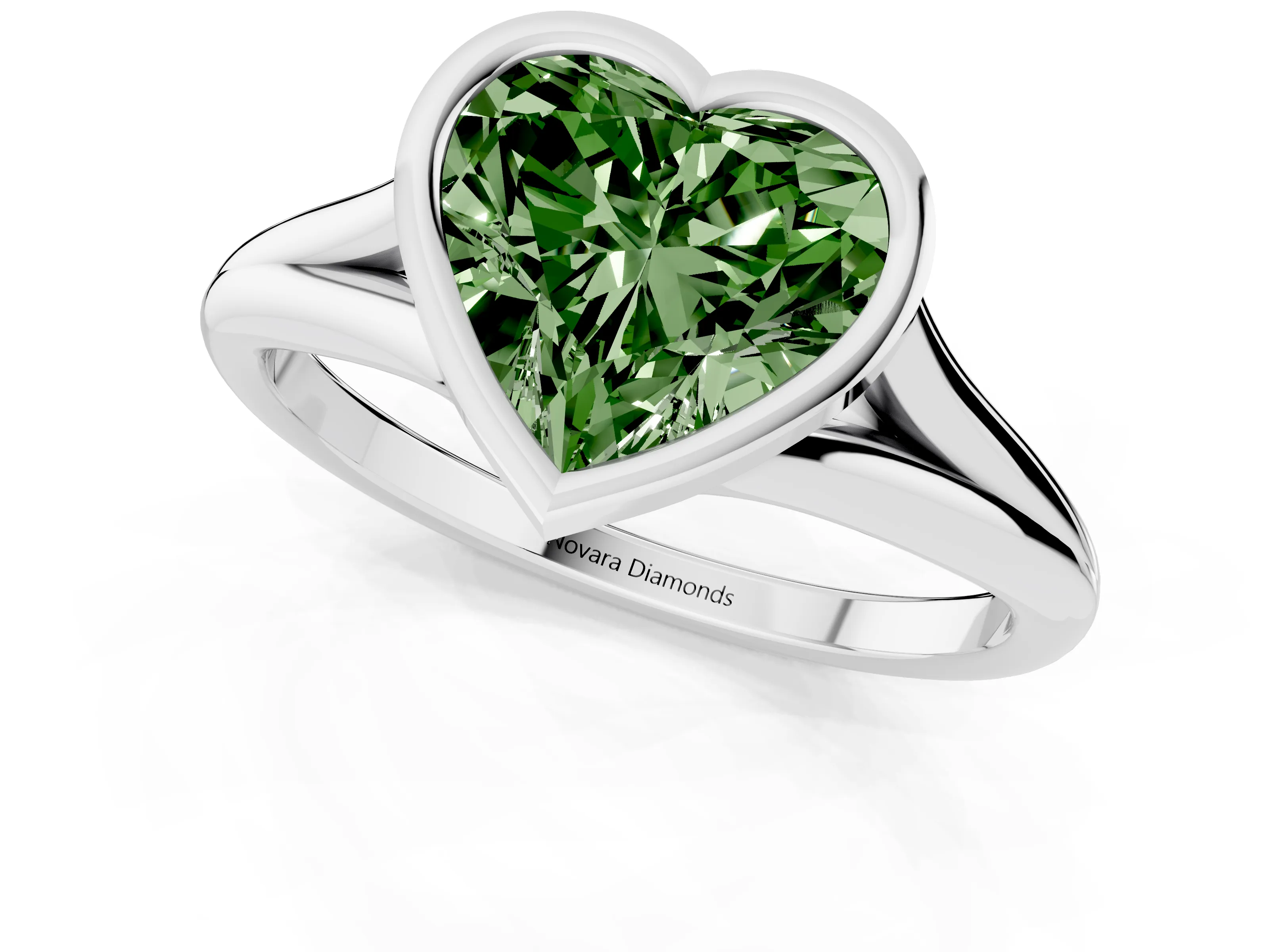 Fancy Green Bezel Set Heart Cut Diamond Solitaire Ring Set in Platinum with Tapered Band